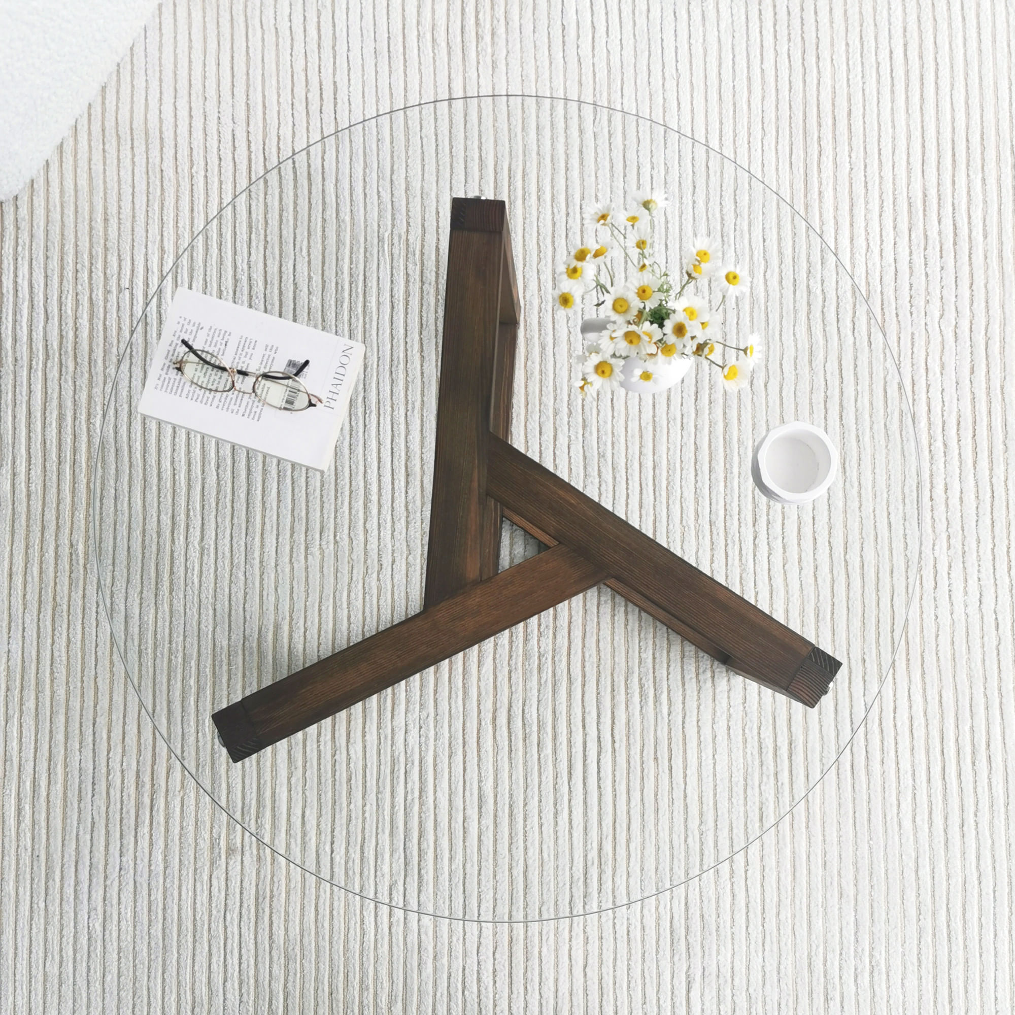 Masuta de cafea, Hanah Home, sticla calita si lemn masiv de pin, nuc, 75x75x40 cm — imaginea 6