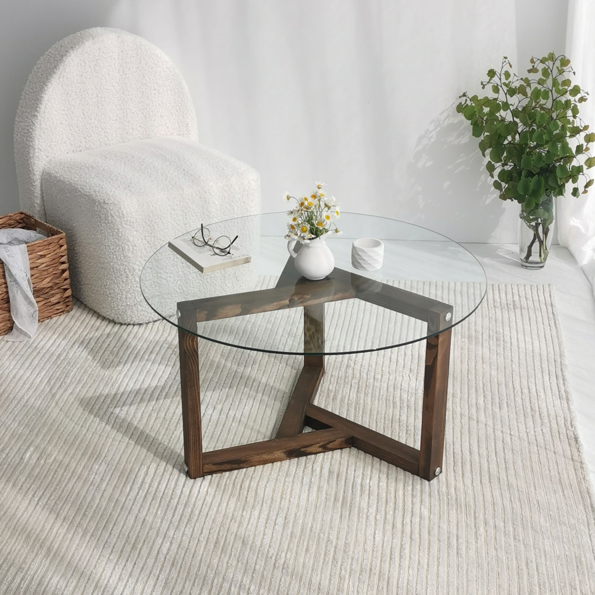 Masuta de cafea, Hanah Home, sticla calita si lemn masiv de pin, nuc, 75x75x40 cm — imaginea 9