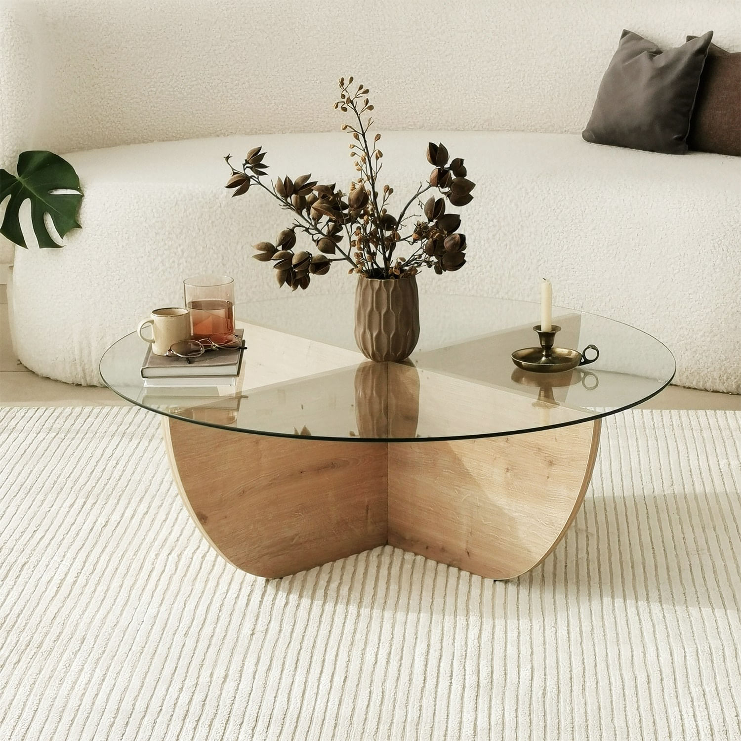 Masuta de cafea, Hanah Home, sticla securizata si pal melaminat, stejar safir, 90x90x30 cm — imaginea 11