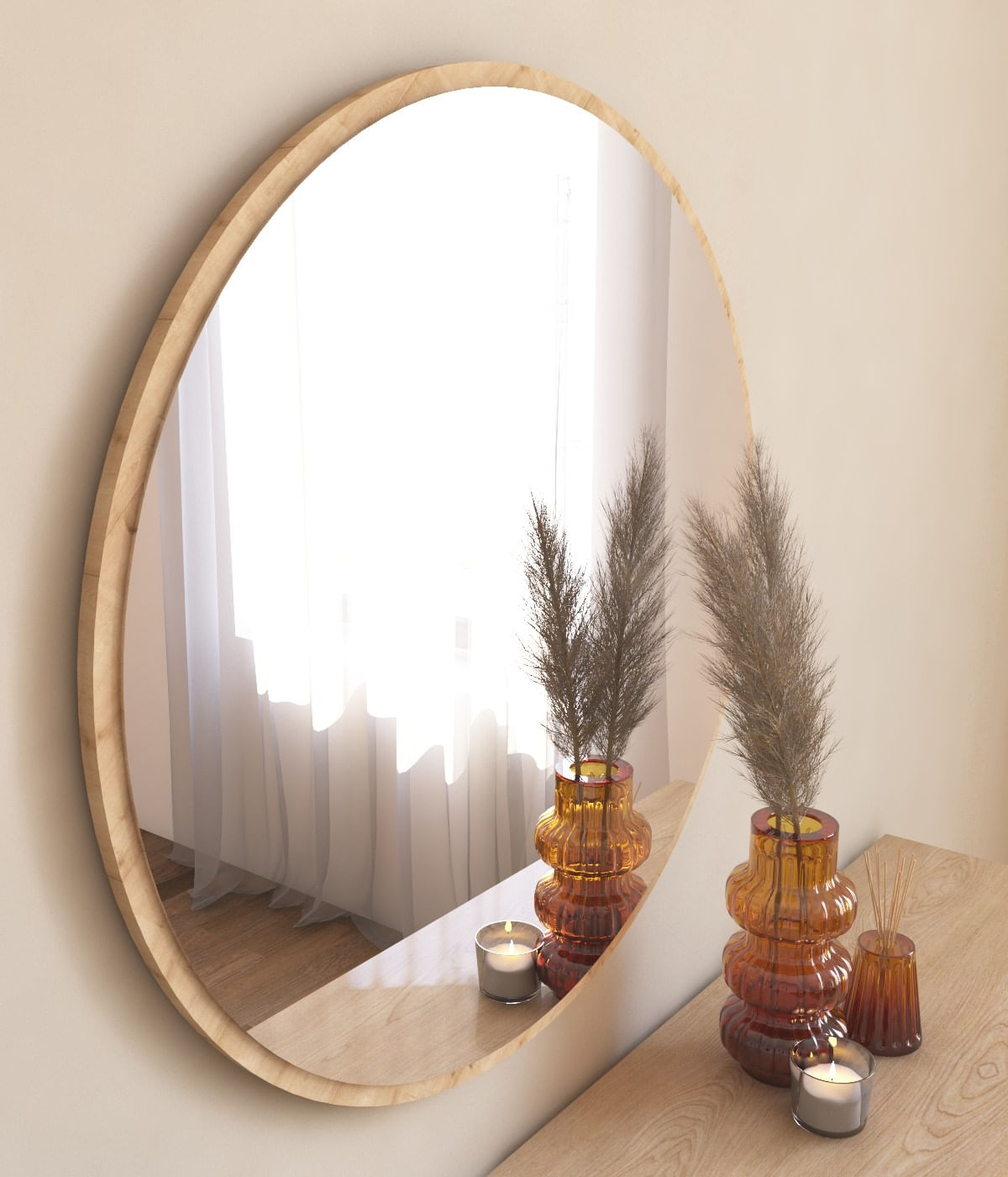 Oglinda rotunda, Hanah Home, mdf, natural, 60x60x2,2 cm