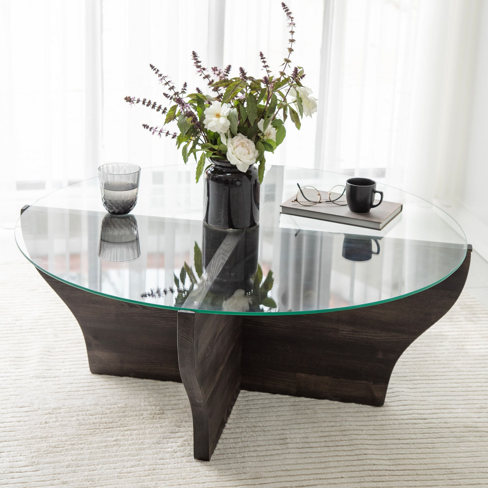 Masuta de cafea, Hanah Home, sticla securizata si lemn masiv, antracit, 92x92x36 cm — imaginea 3
