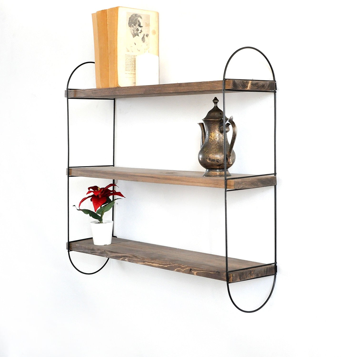 Raft de perete, Hanah Home, lemn de molid, nuc si negru, 60x55x15 cm — imaginea 3