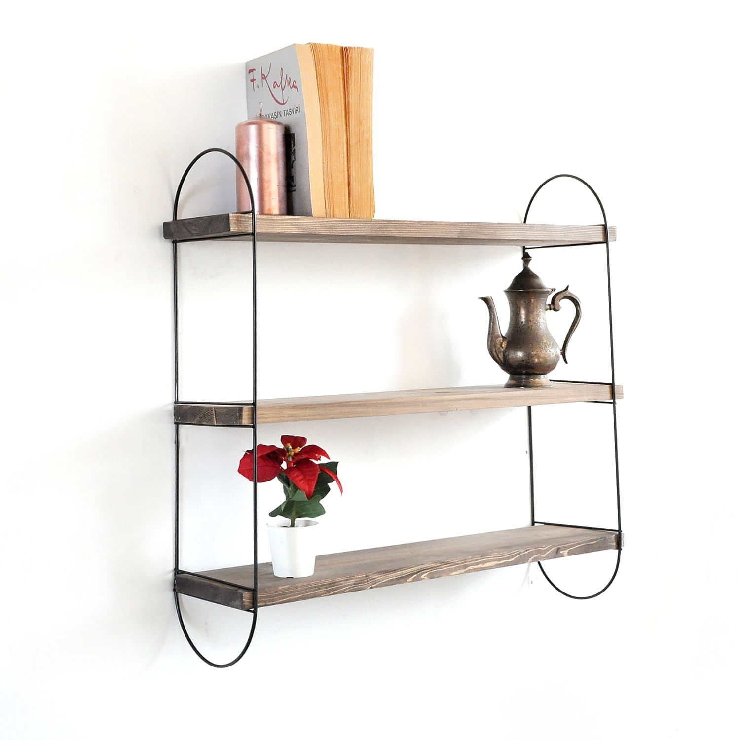 Raft de perete, Hanah Home, lemn de molid, nuc si negru, 60x55x15 cm — imaginea 5