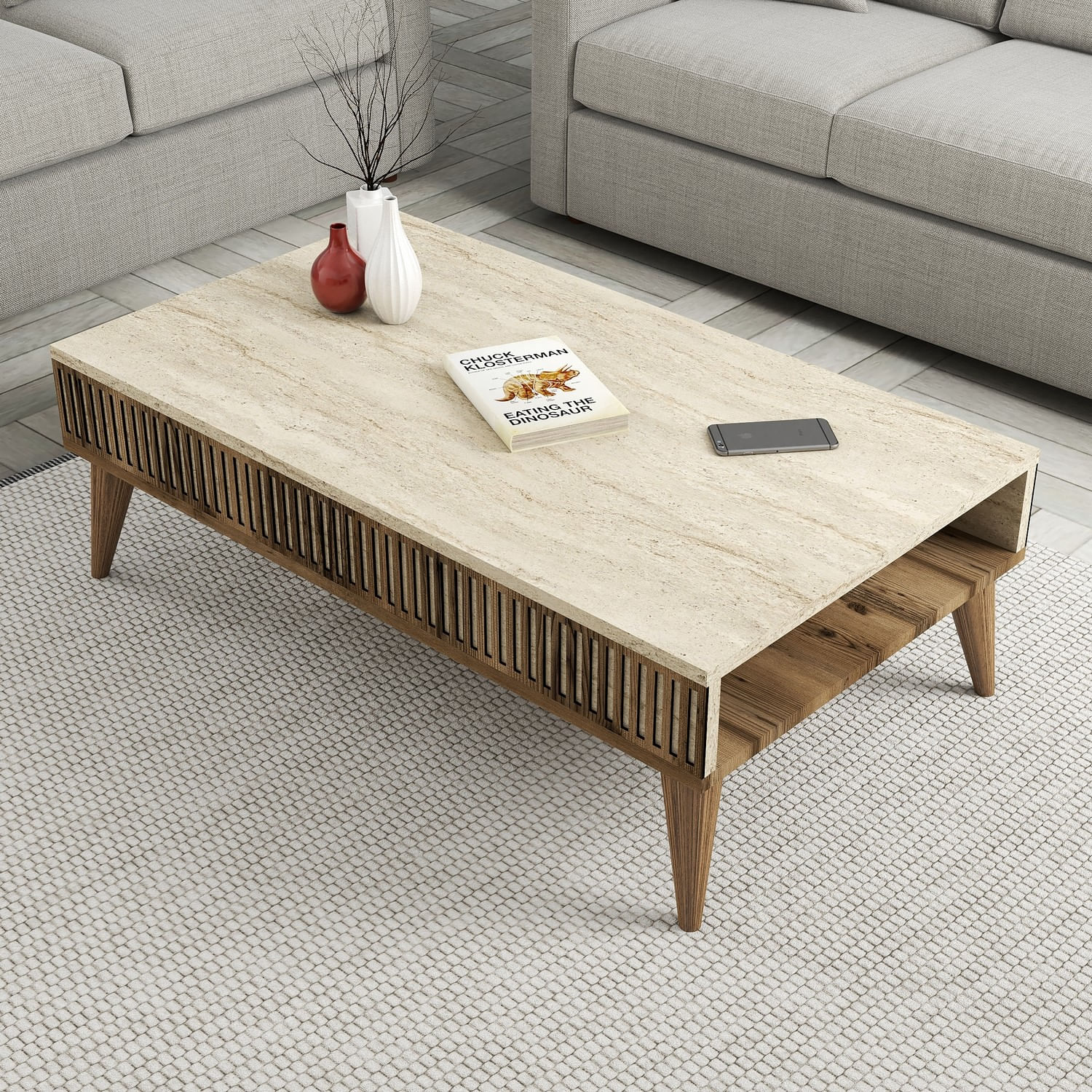 Masuta de cafea, Hanah Home, pal melaminat, nuc si travertin, 105x60x35 cm — imaginea 4