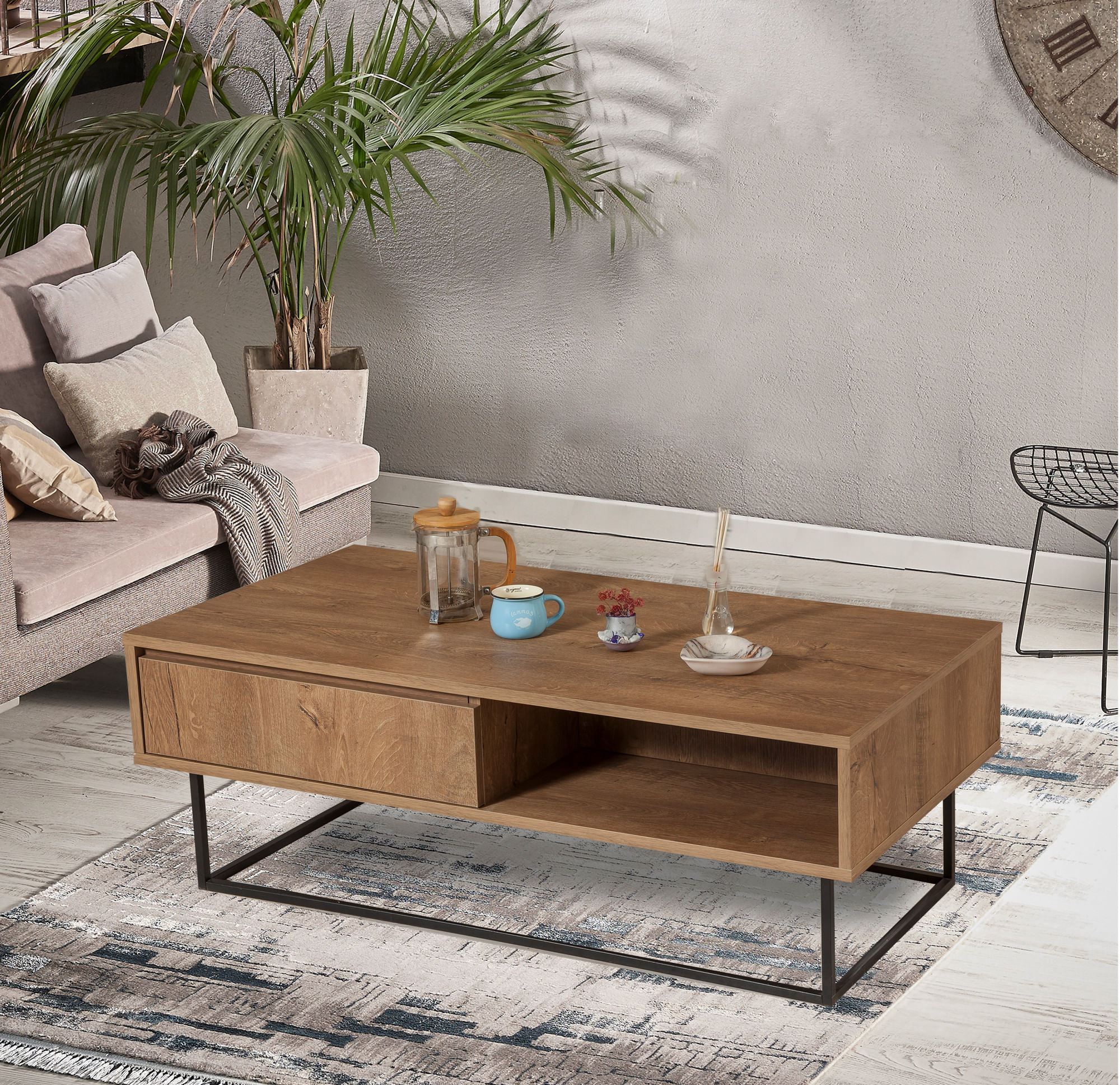 Masuta de cafea, Hanah Home, pal melaminat, nuc si negru, 120x60x43 cm — imaginea 5