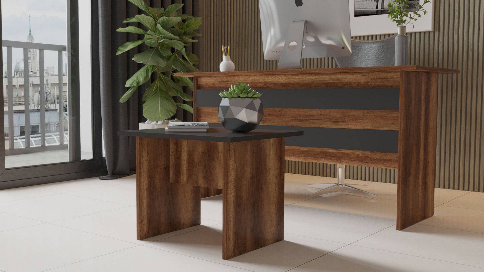 Masuta de cafea, Hanah Home, pal melaminat, nuc si antracit, 60x50x46.3 cm — imaginea 2