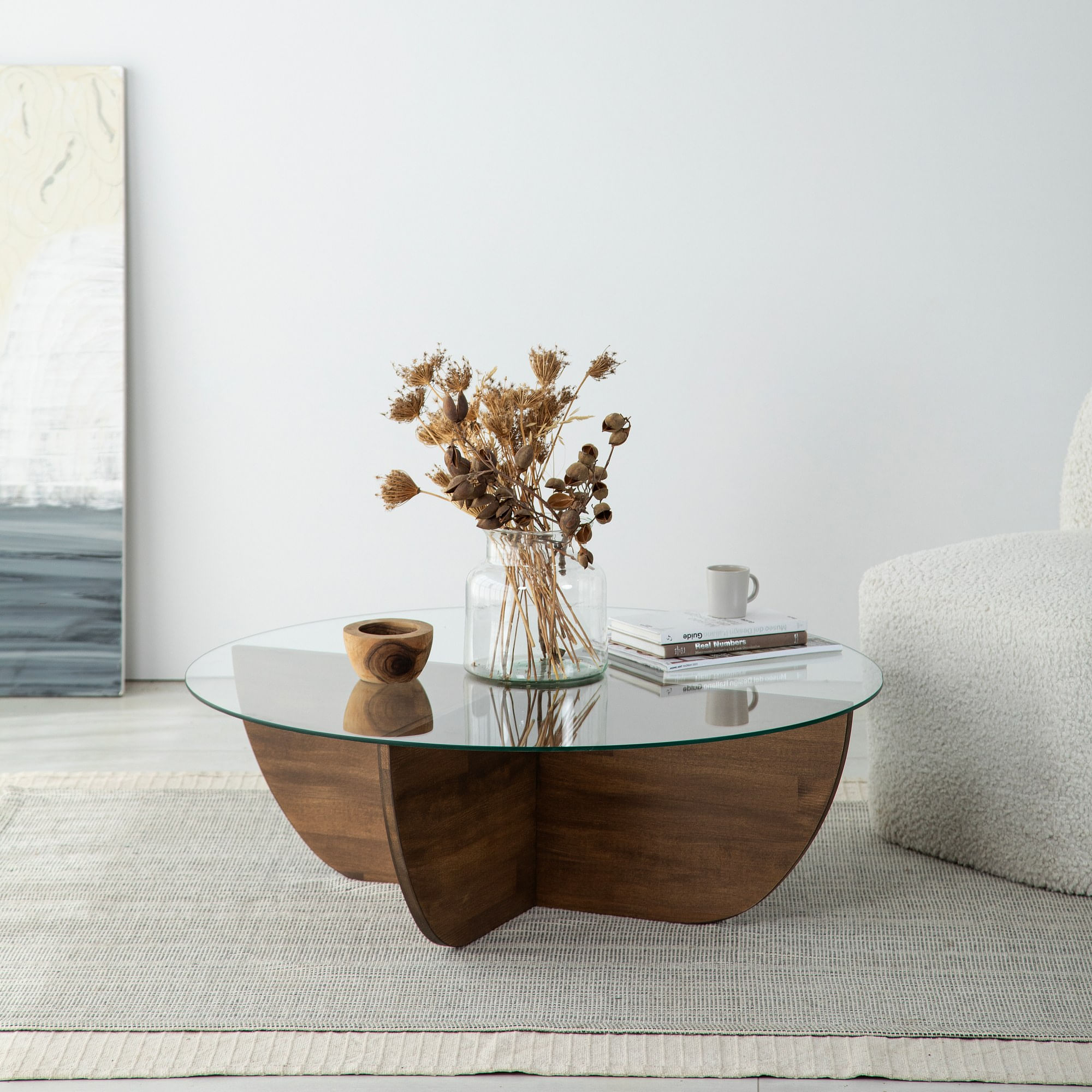 Masuta de cafea, Hanah Home, sticla calita si lemn masiv de pin, nuc, 90x90x30 cm — imaginea 2