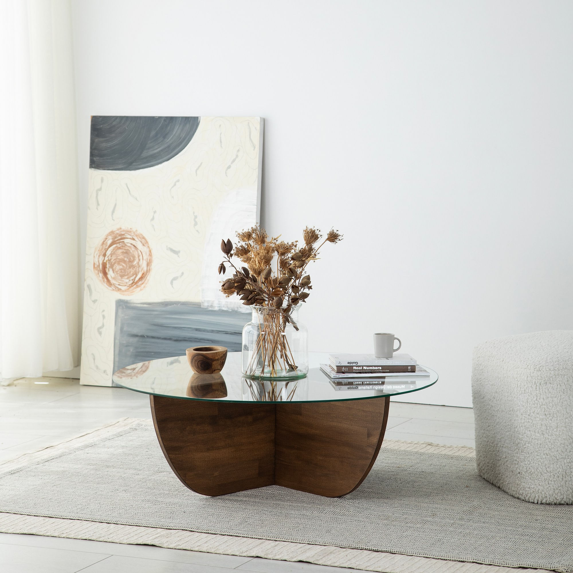 Masuta de cafea, Hanah Home, sticla calita si lemn masiv de pin, nuc, 90x90x30 cm — imaginea 3