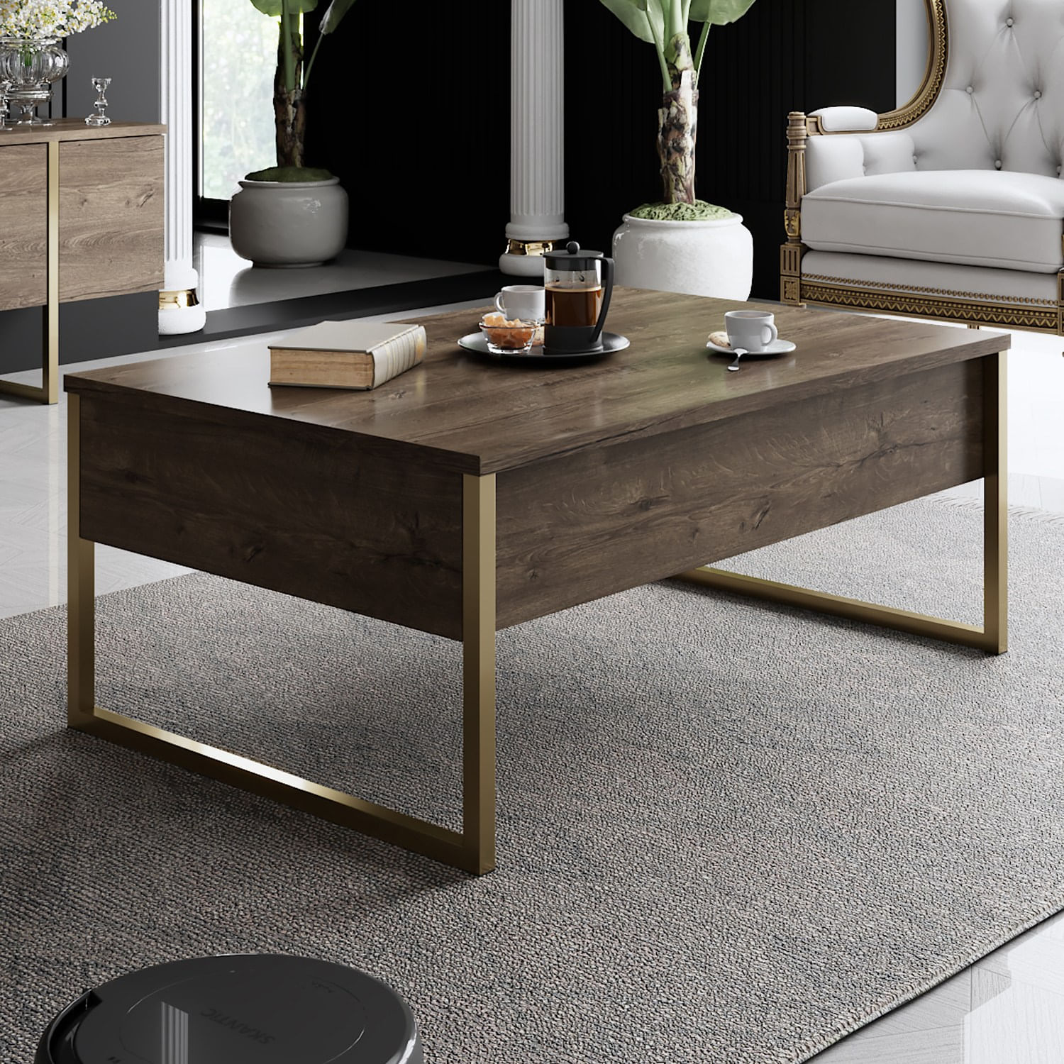 Masuta de cafea, Hanah Home, pal melaminat, nuc si auriu, 90x60x40 cm — imaginea 2