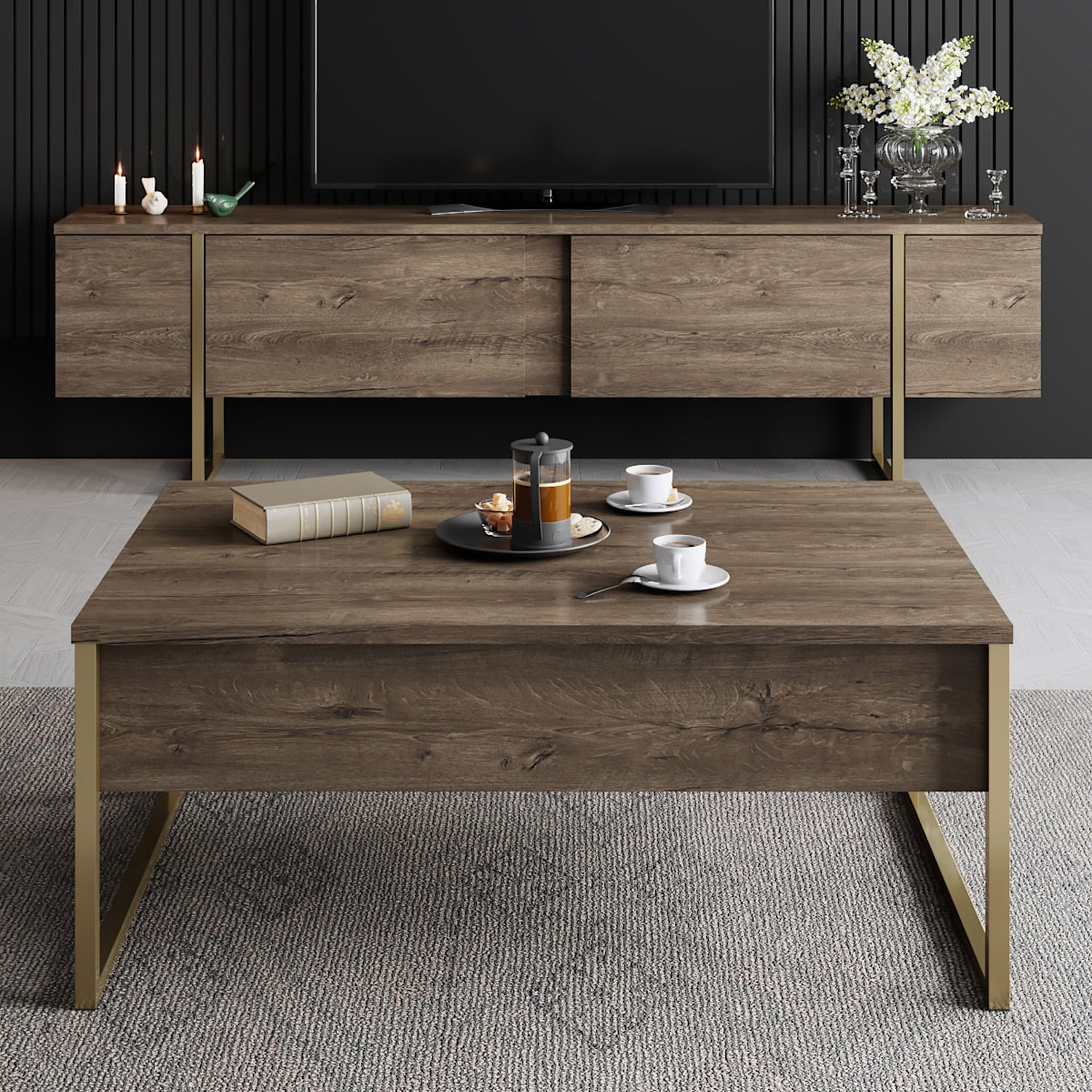 Masuta de cafea, Hanah Home, pal melaminat, nuc si auriu, 90x60x40 cm — imaginea 3