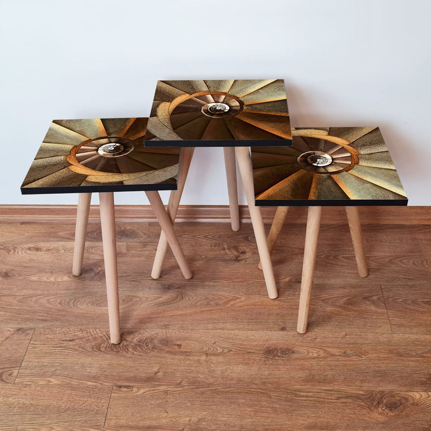 Set masute cuib, Hanah Home, mdf, maro bej portocaliu, picioare lemn fag, 35x35x52 cm