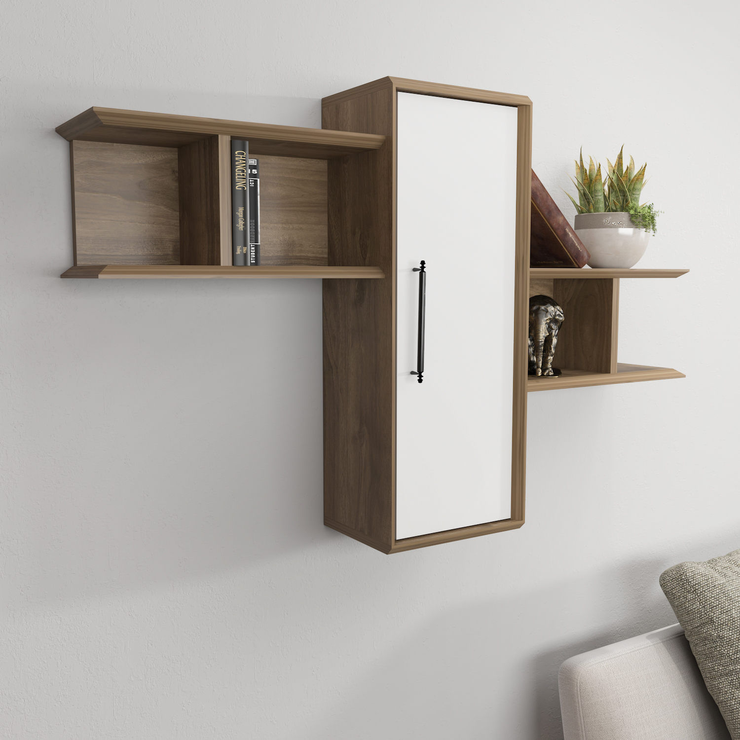 Raft de perete, Hanah Home, pal melaminat, nuc si alb, 118.6x35x51.8 cm — imaginea 5