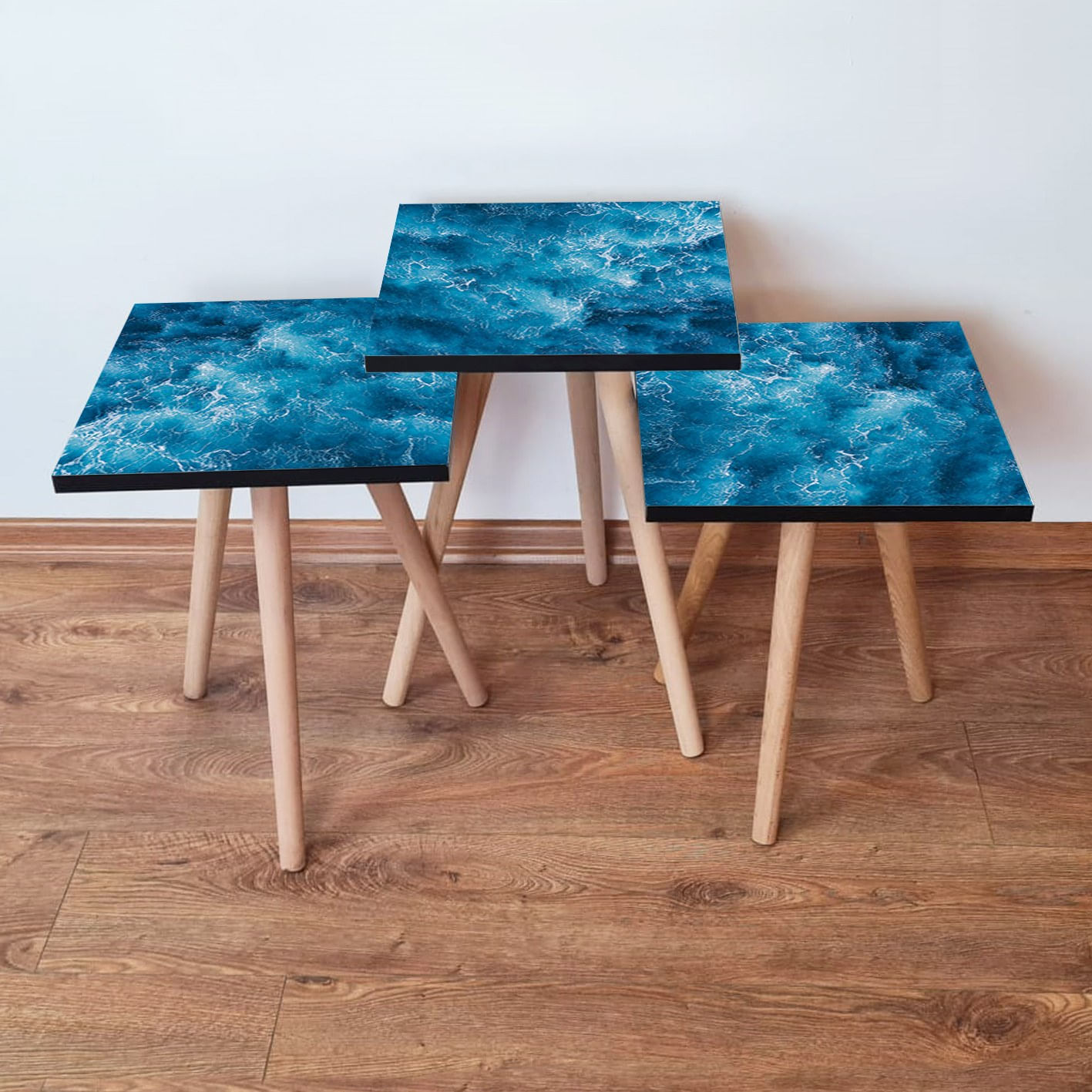 Set masute de cafea, Hanah Home, mdf, albastru alb, 35x35x52 cm, 481LNA2965