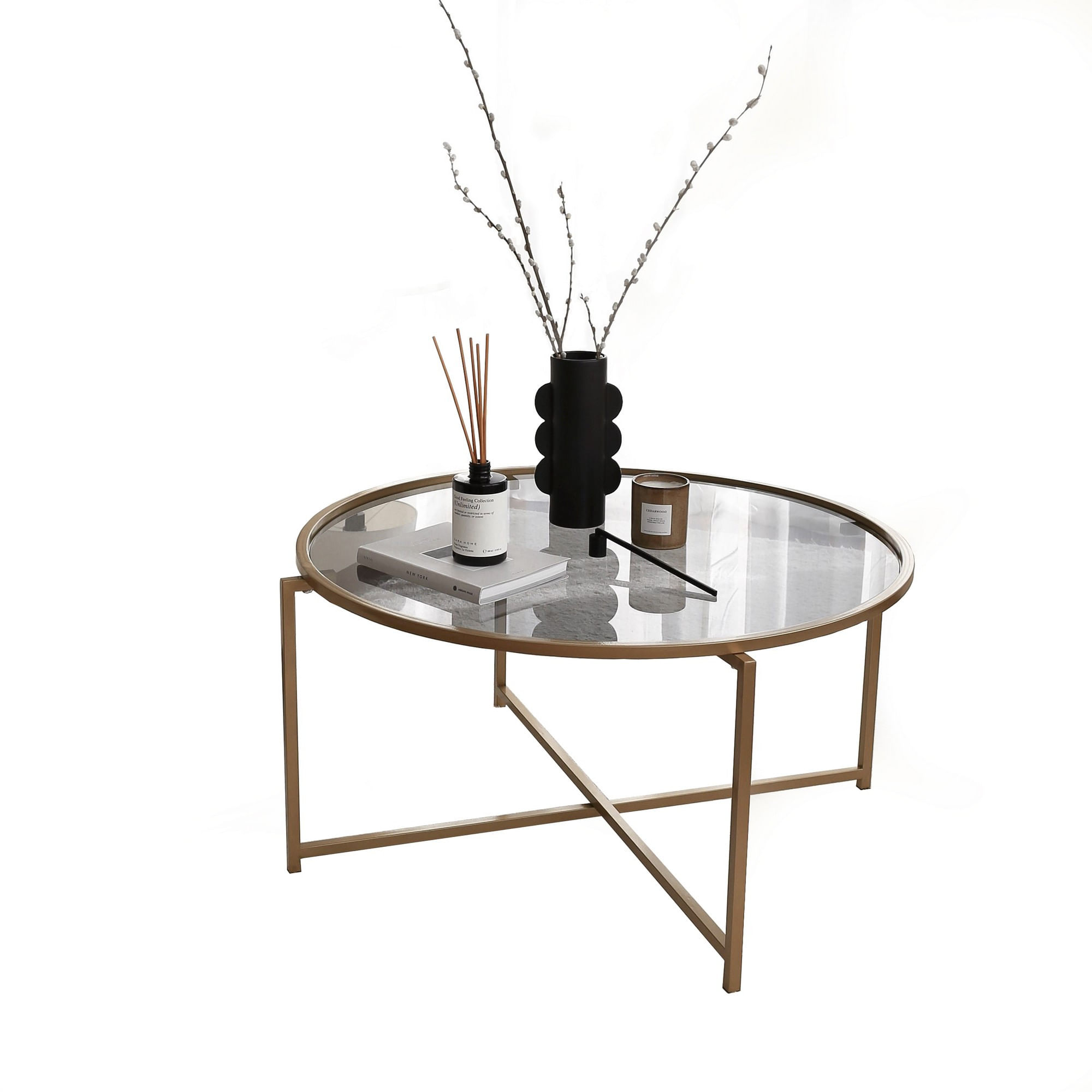 Masuta de cafea, Hanah Home, sticla temperata si metal, auriu si fumuriu, 83x83x40 cm — imaginea 2