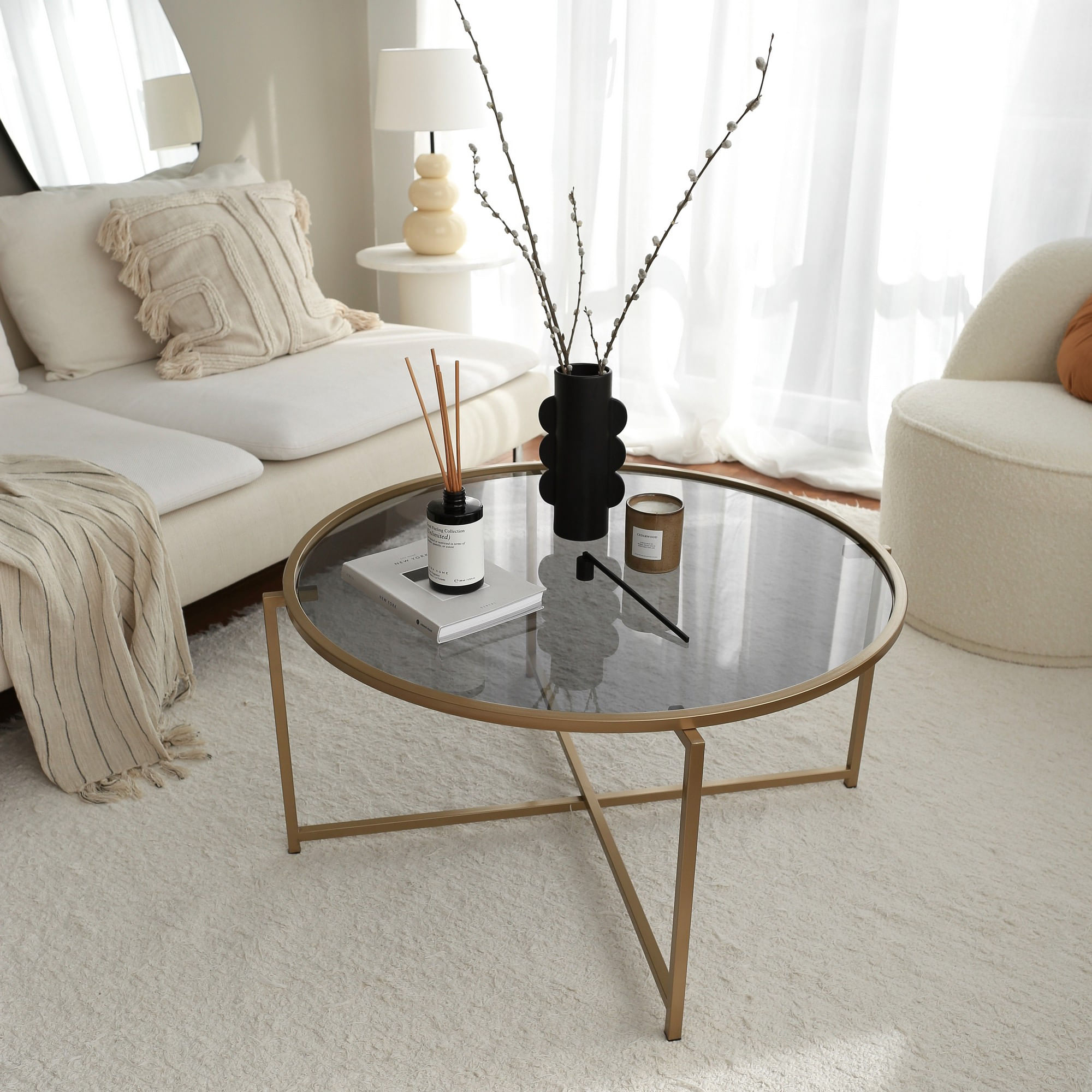 Masuta de cafea, Hanah Home, sticla temperata si metal, auriu si fumuriu, 83x83x40 cm — imaginea 3
