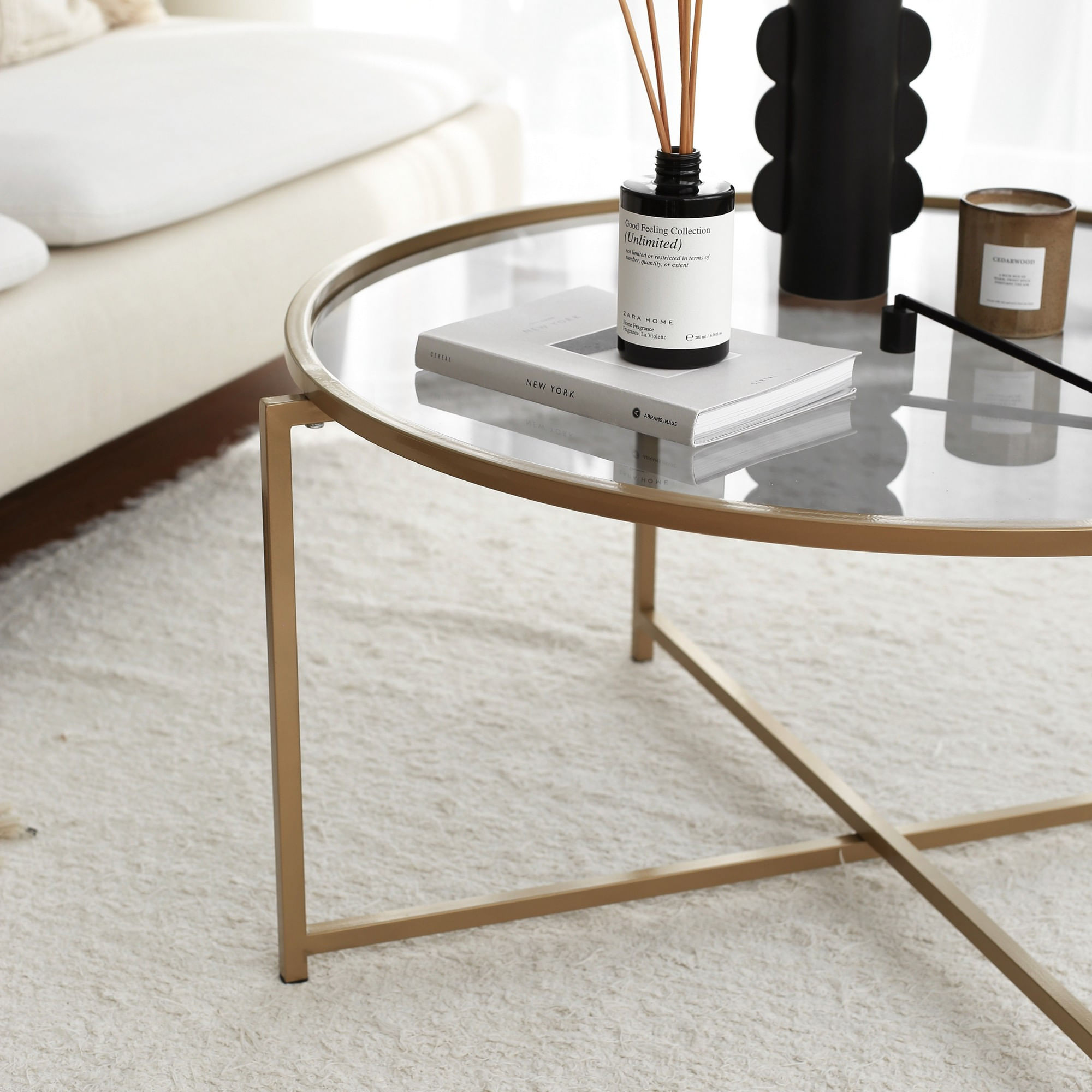 Masuta de cafea, Hanah Home, sticla temperata si metal, auriu si fumuriu, 83x83x40 cm — imaginea 5