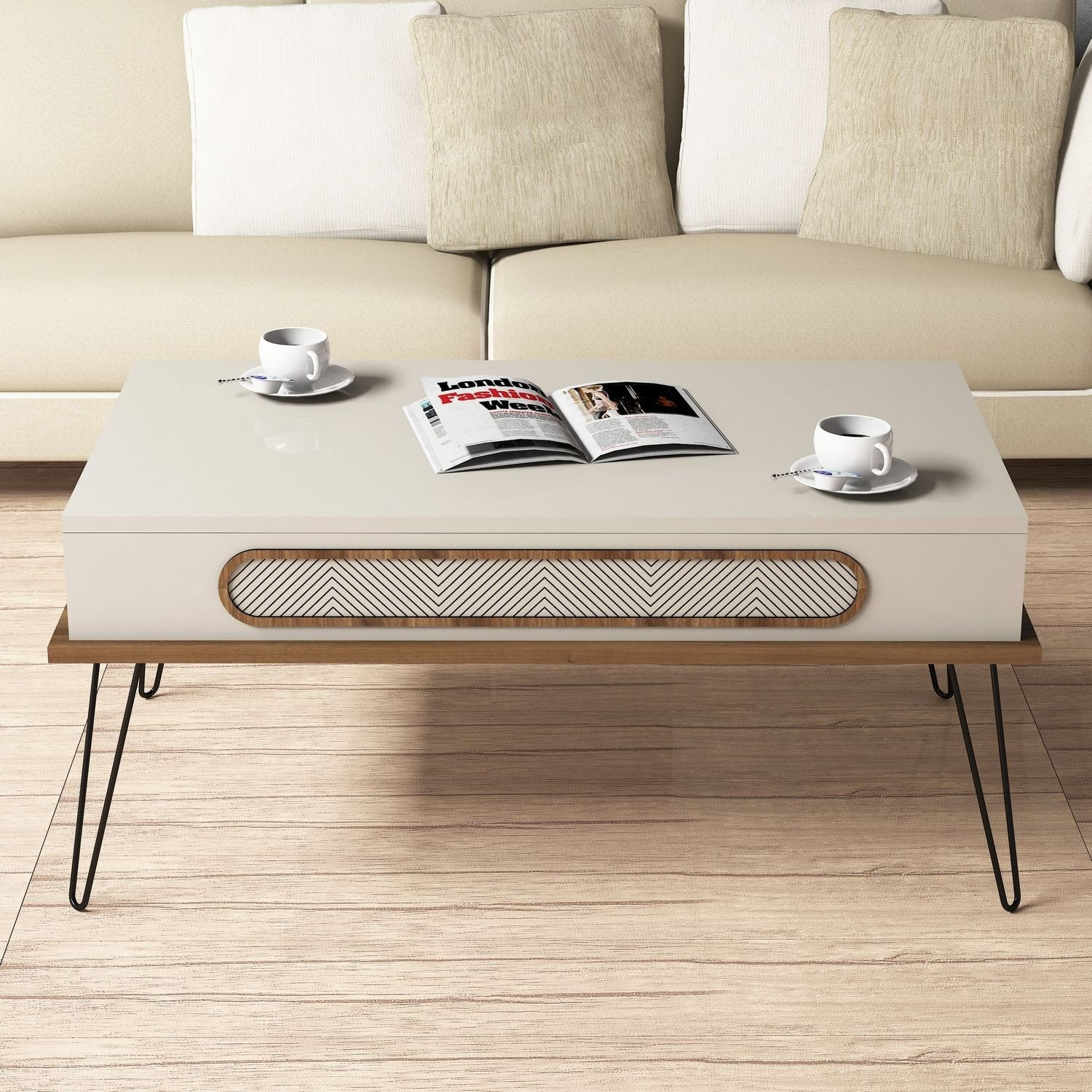 Masuta de cafea, Hanah Home, pal melaminat, crem, 105x56x45.8 cm — imaginea 3