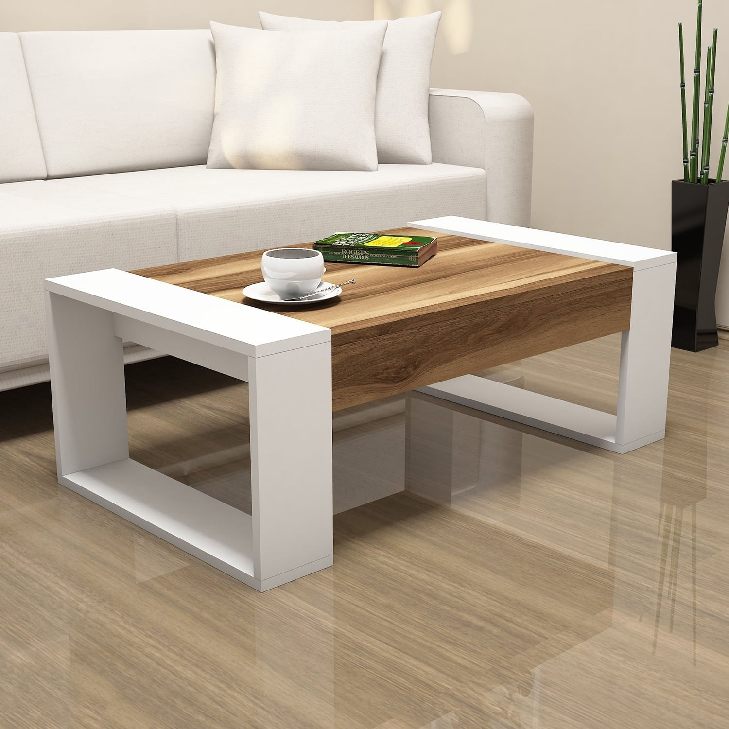 Masuta de cafea, Hanah Home, pal melaminat, nuc si alb, 102x60x37.6 cm — imaginea 3