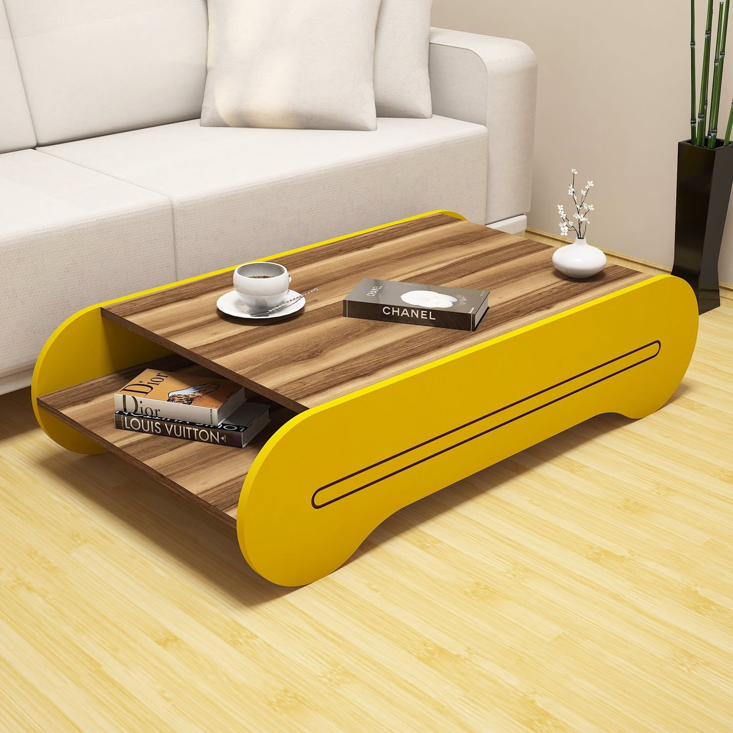 Masuta de cafea, Hanah Home, pal melaminat, nuc si galben, 120x63.6x30 cm — imaginea 2