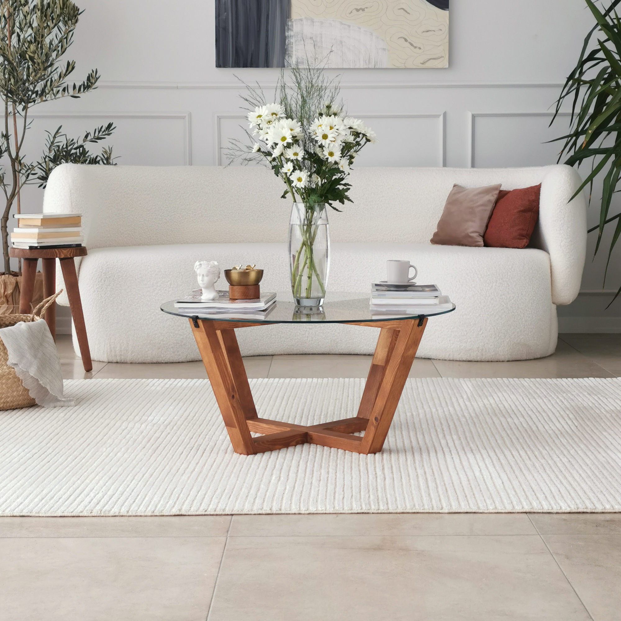 Masuta de cafea, Hanah Home, sticla temperata si lemn masiv, lemn, 75x75x35 cm