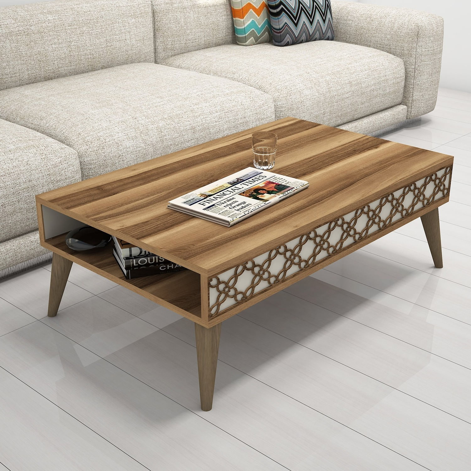 Masuta de cafea, Hanah Home, pal melaminat, nuc si crem, 105x60x36.6 cm — imaginea 4