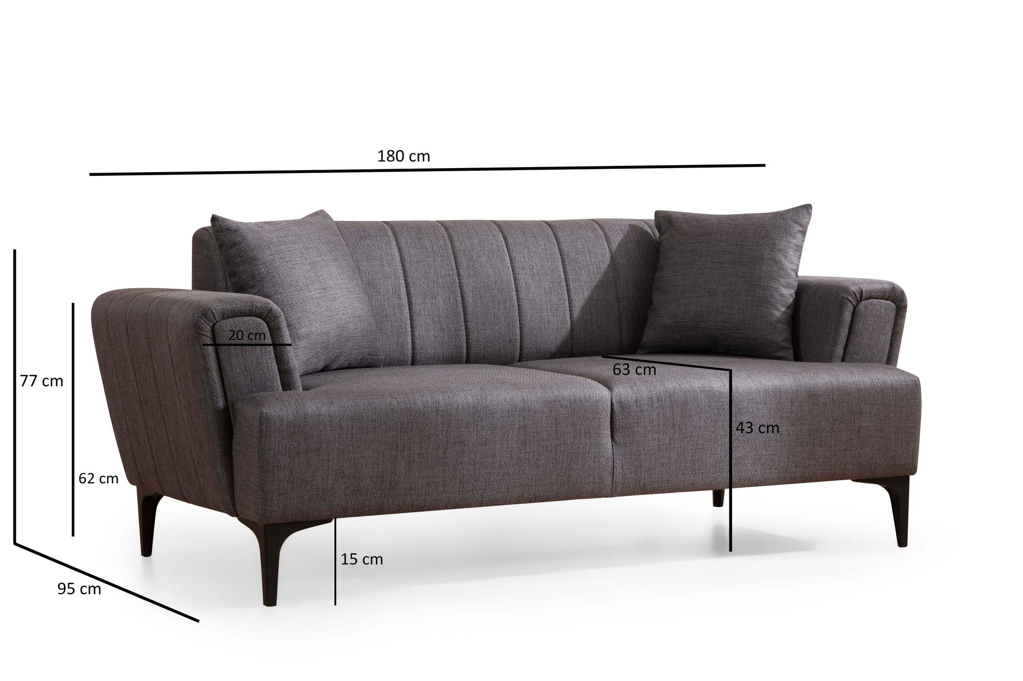 Canapea 2 locuri, Atelier Del Sofa, lemn fag si pal, gri inchis, 180x95x77 cm