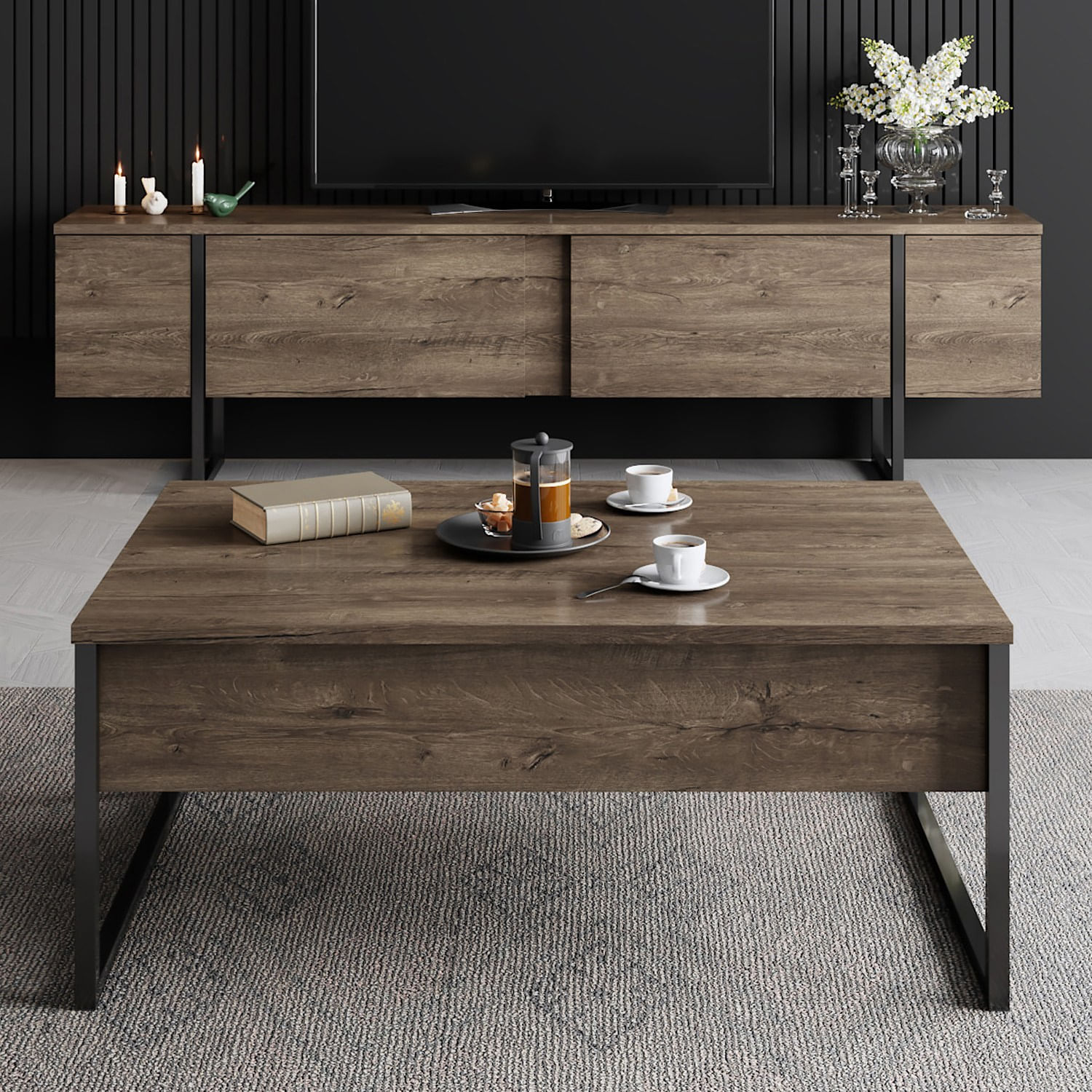 Masuta de cafea, Hanah Home, pal melaminat, nuc si negru, 90x60x40 cm — imaginea 5