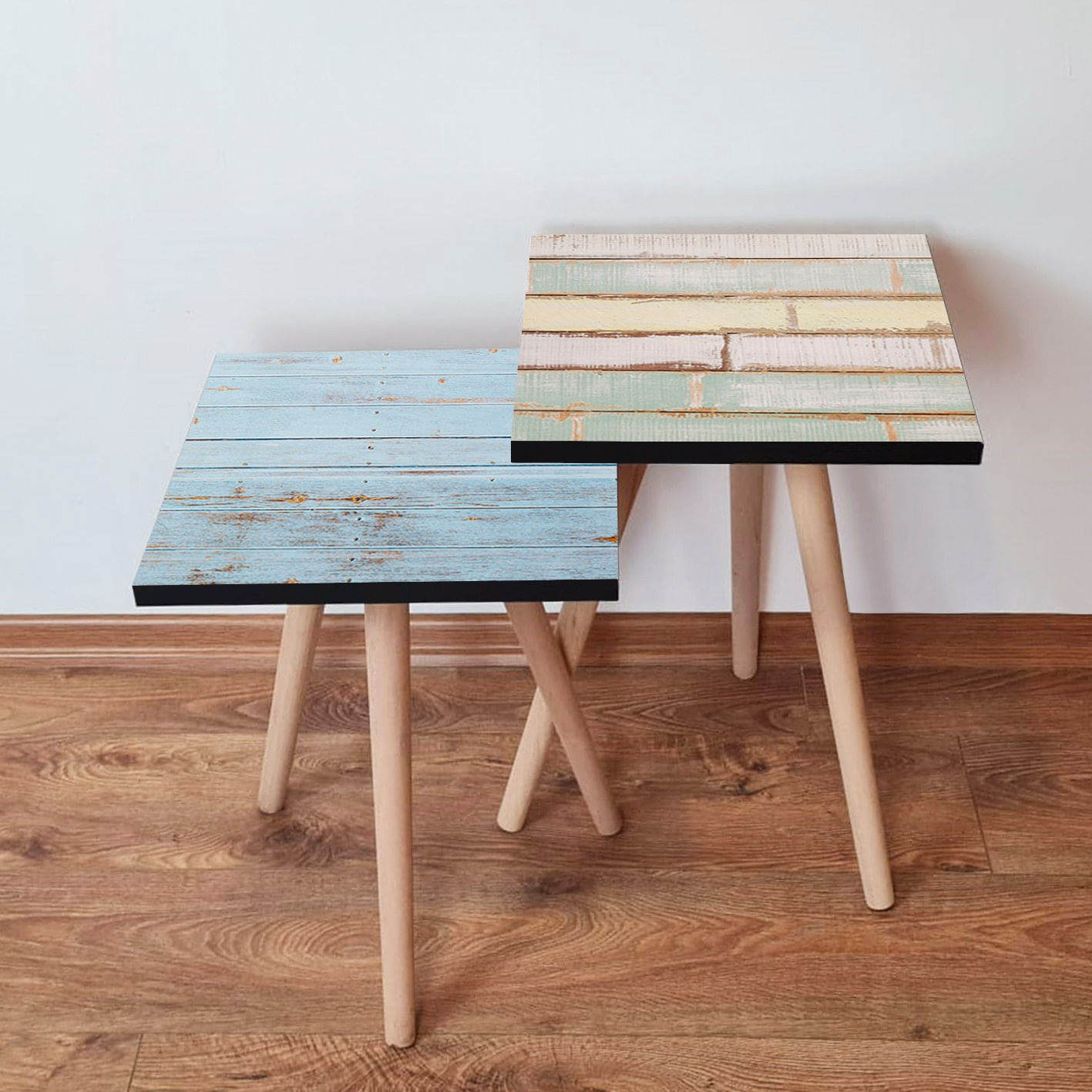 Set masute de cafea, Hanah Home, mdf, albastru verde galben alb, 35x35x47 cm, 35x35x42 cm