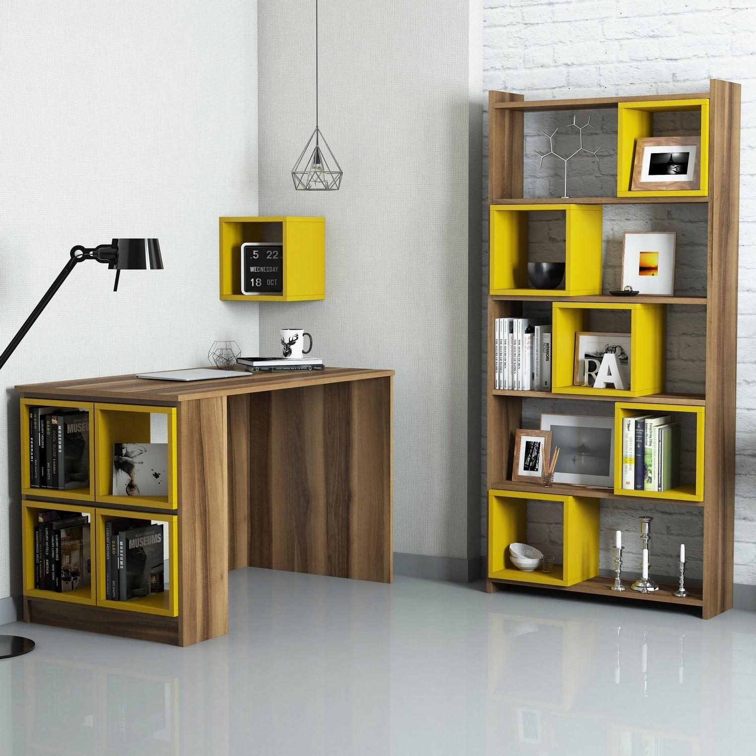 Birou cu rafturi, Hanah Home, pal melaminat, nuc si galben, 120x65x75 cm — imaginea 2