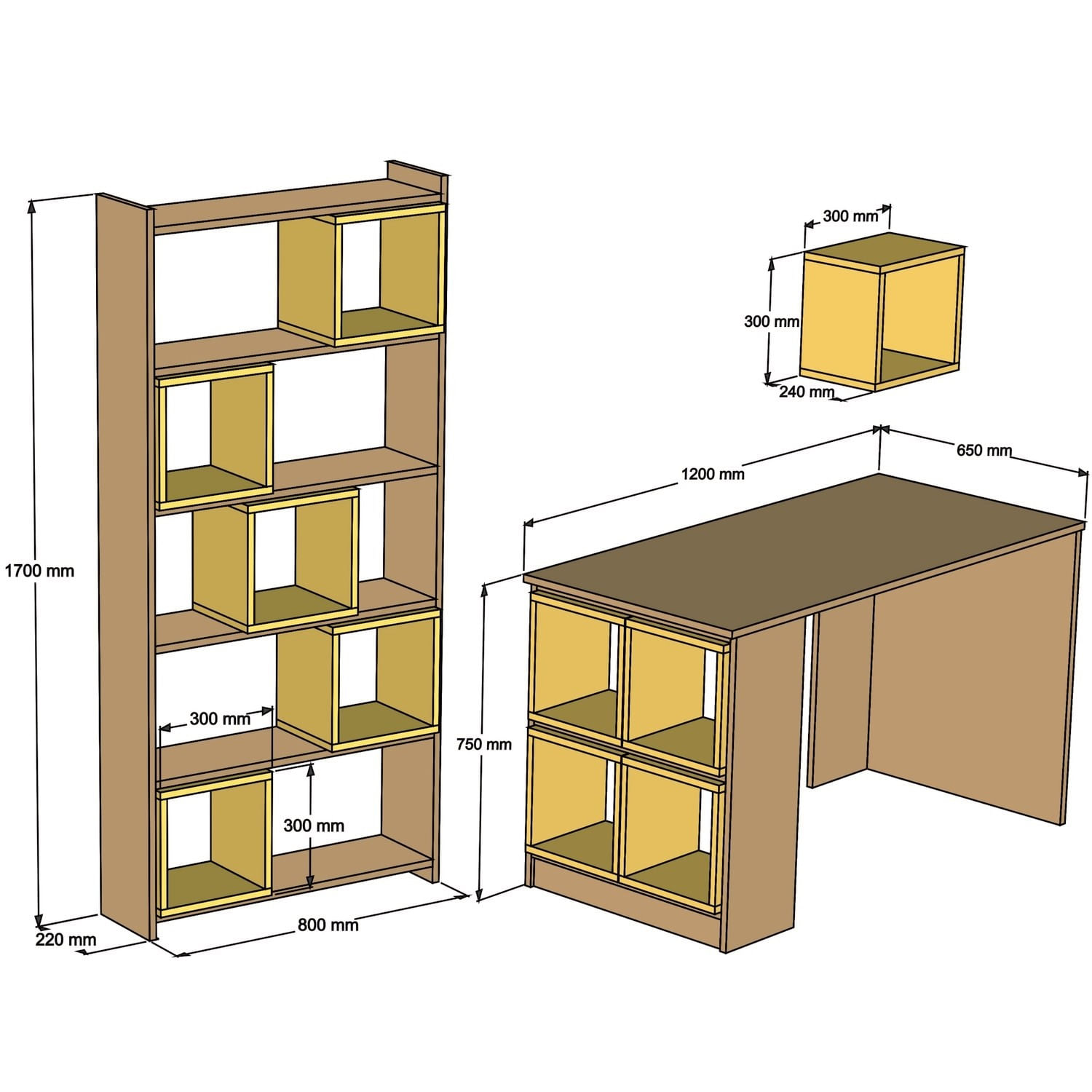 Birou cu rafturi, Hanah Home, pal melaminat, nuc si galben, 120x65x75 cm — imaginea 3