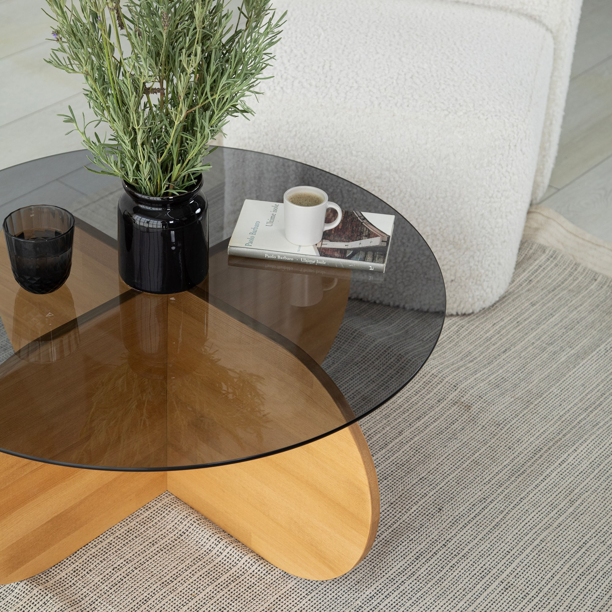 Masuta de cafea, Hanah Home, sticla si lemn masiv de pin, stejar, 75x75x35 cm — imaginea 2