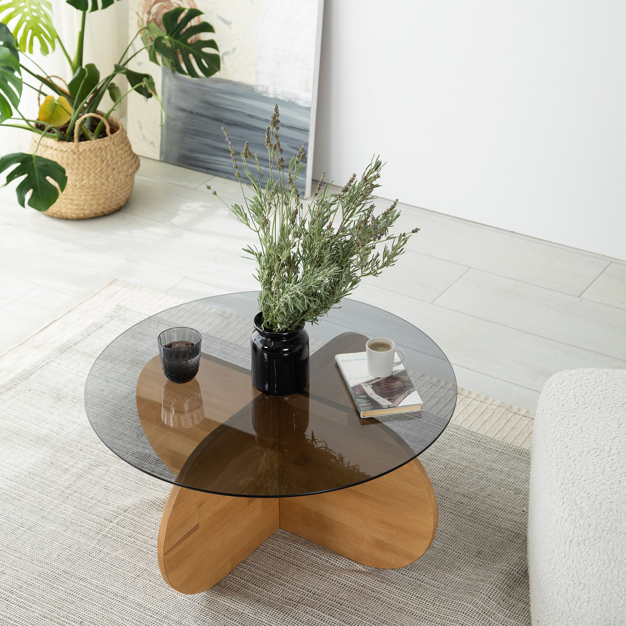 Masuta de cafea, Hanah Home, sticla si lemn masiv de pin, stejar, 75x75x35 cm — imaginea 3