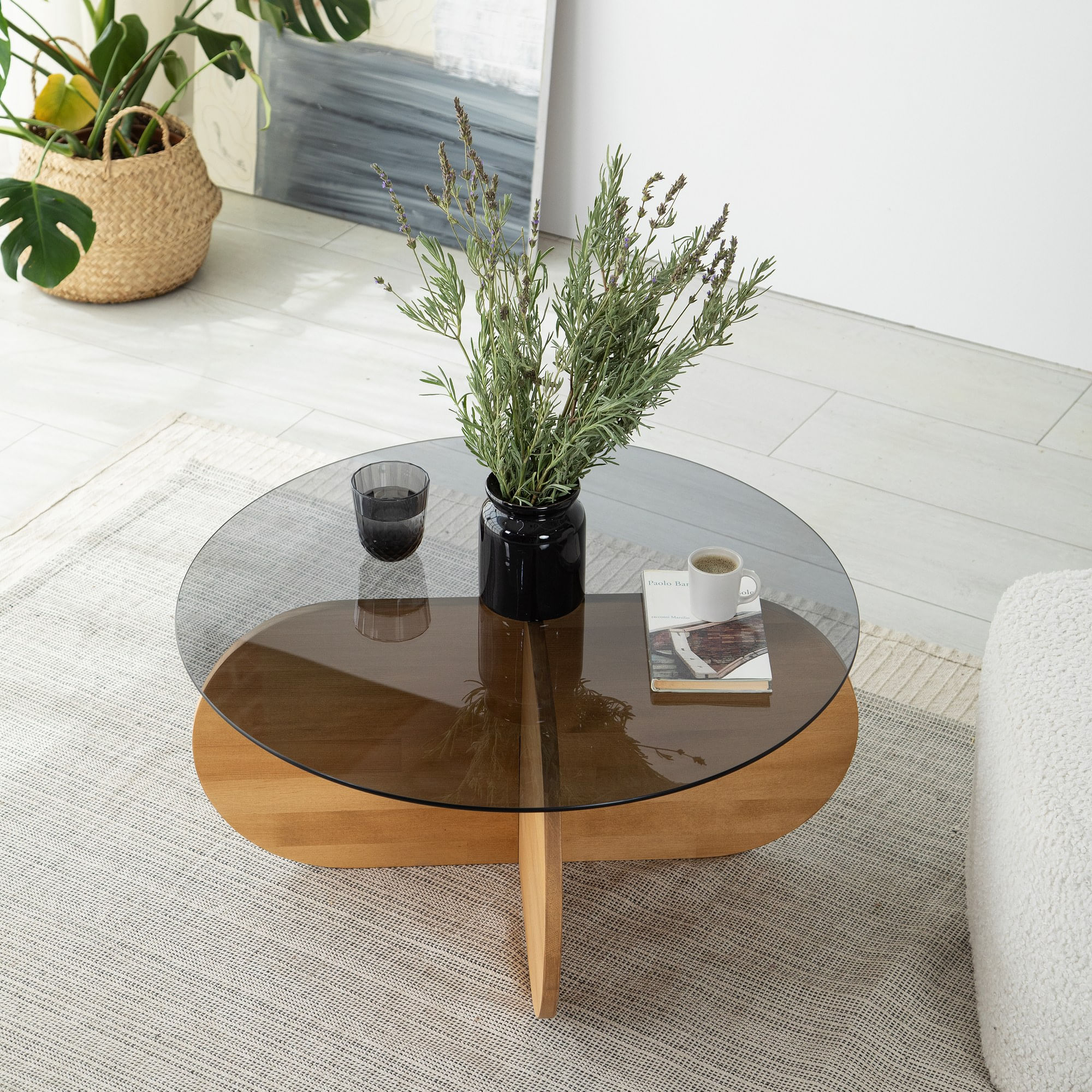 Masuta de cafea, Hanah Home, sticla si lemn masiv de pin, stejar, 75x75x35 cm — imaginea 5