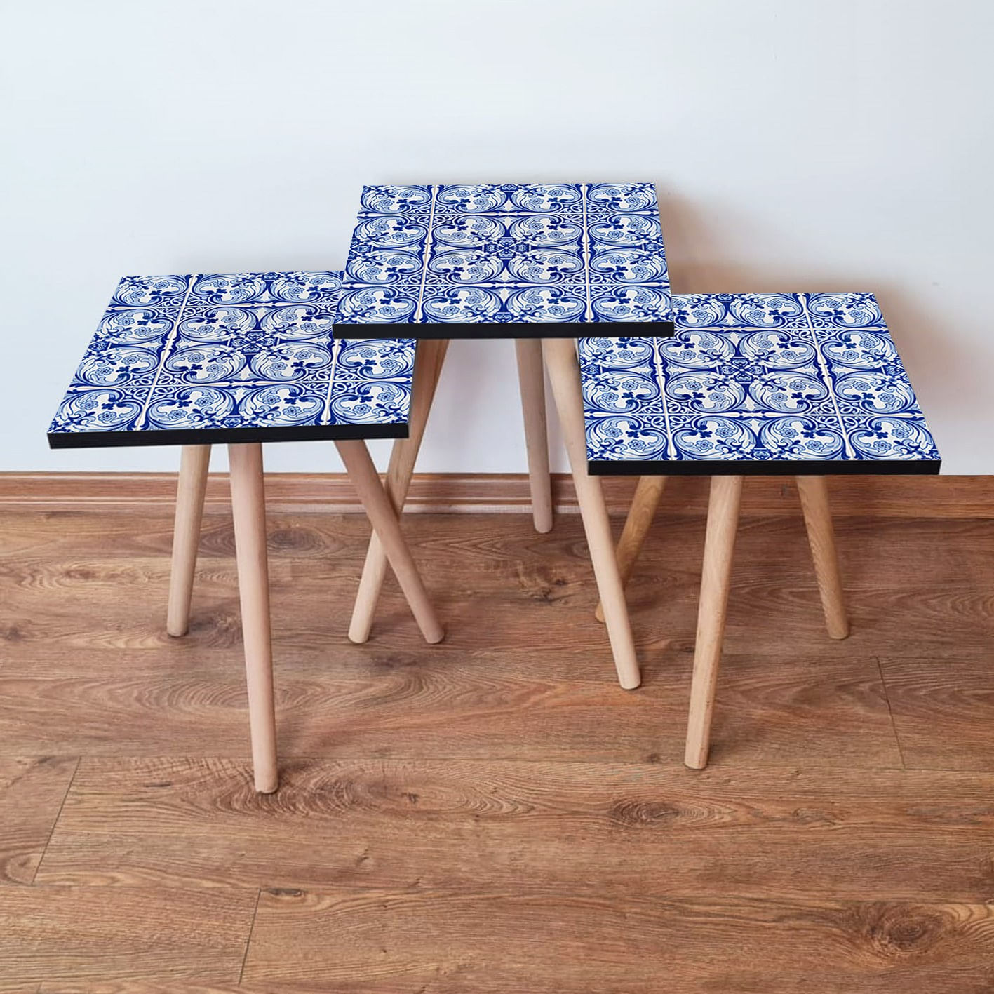 Set masute de cafea, Hanah Home, mdf, albastru marin, albastru, alb, 35x35x52 cm, set 3 piese