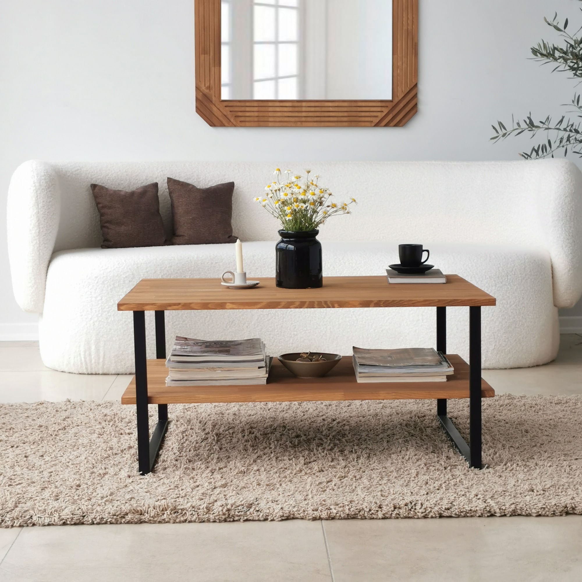 Masuta de cafea, Hanah Home, lemn masiv de pin, stejar, 85x60x40 cm — imaginea 2