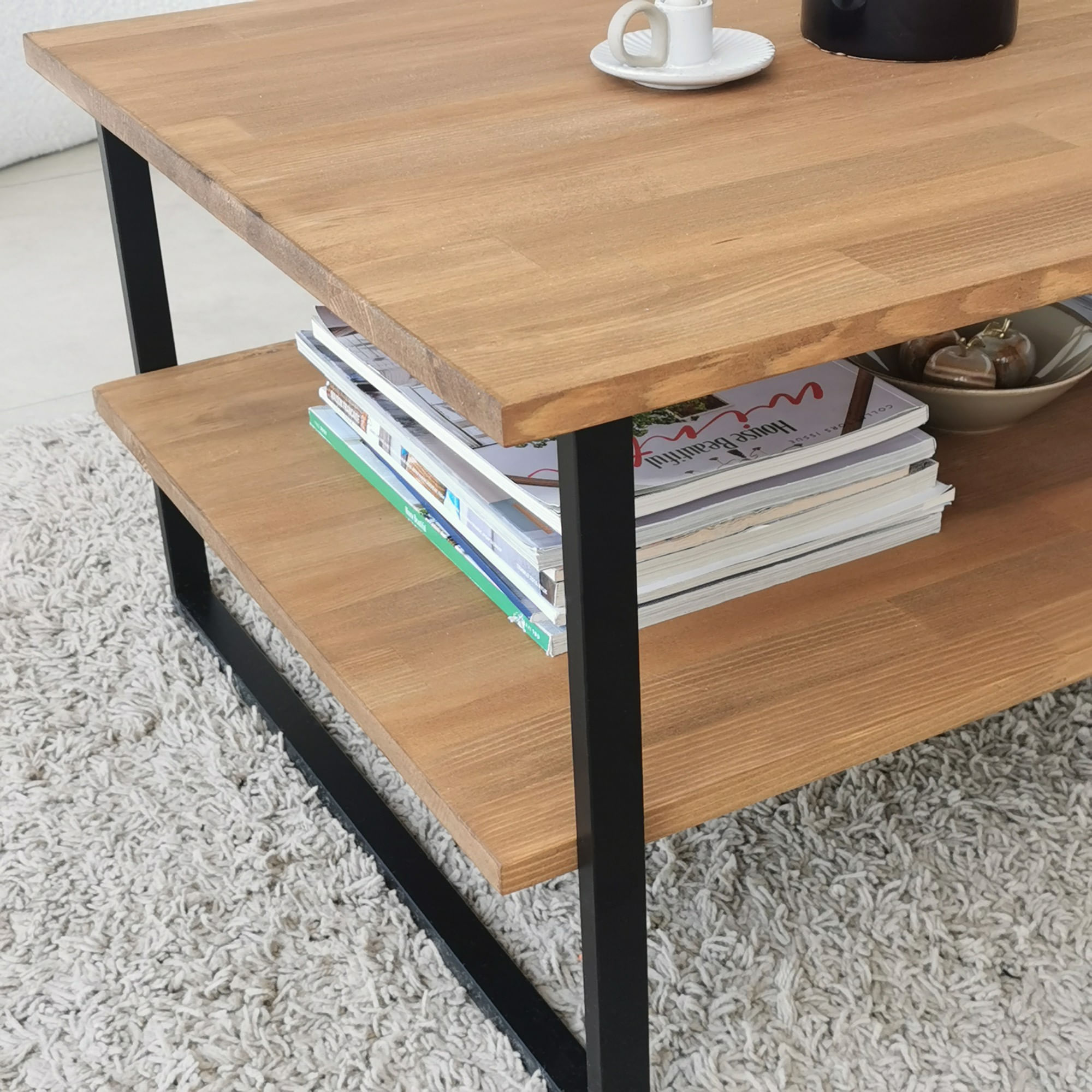 Masuta de cafea, Hanah Home, lemn masiv de pin, stejar, 85x60x40 cm — imaginea 4