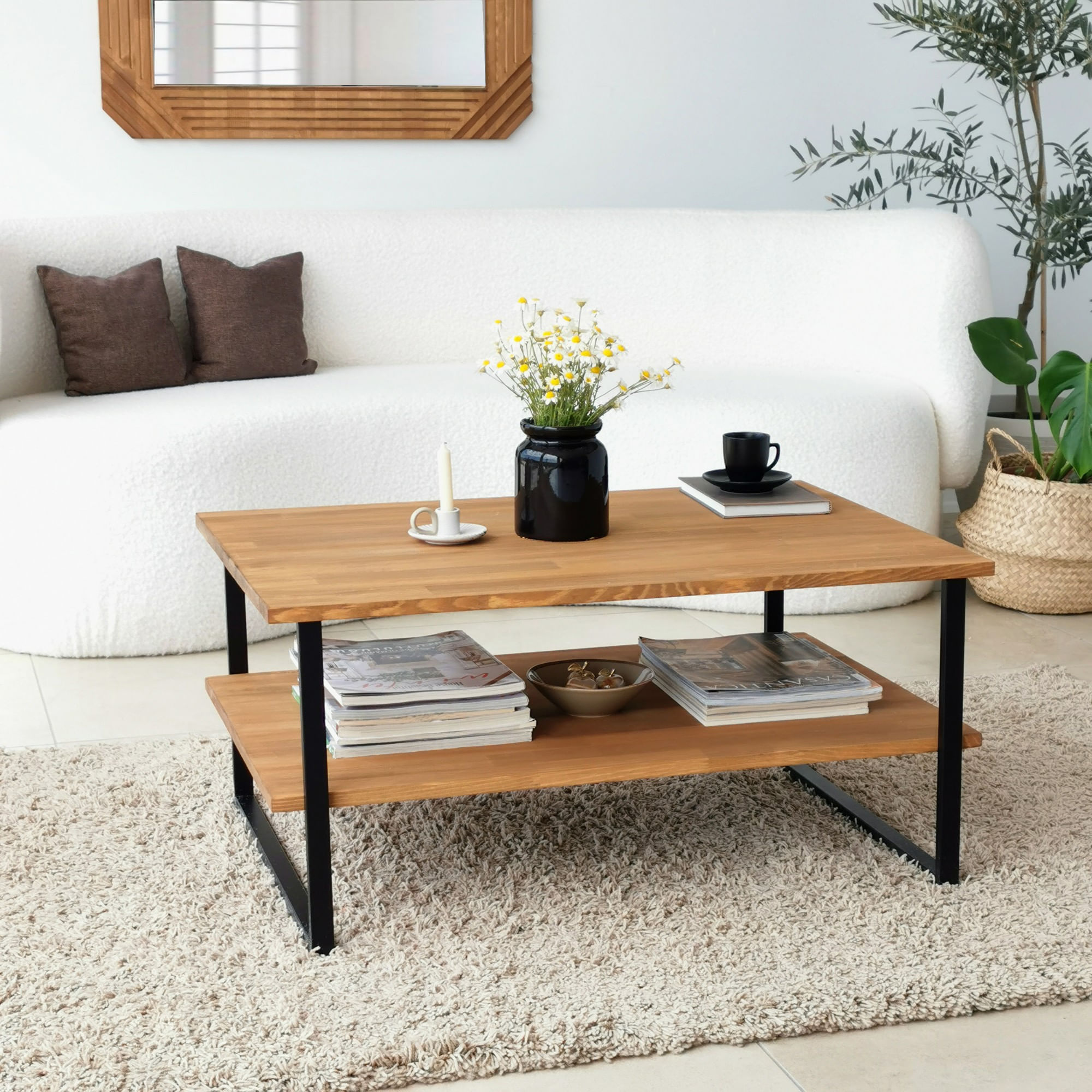 Masuta de cafea, Hanah Home, lemn masiv de pin, stejar, 85x60x40 cm — imaginea 6