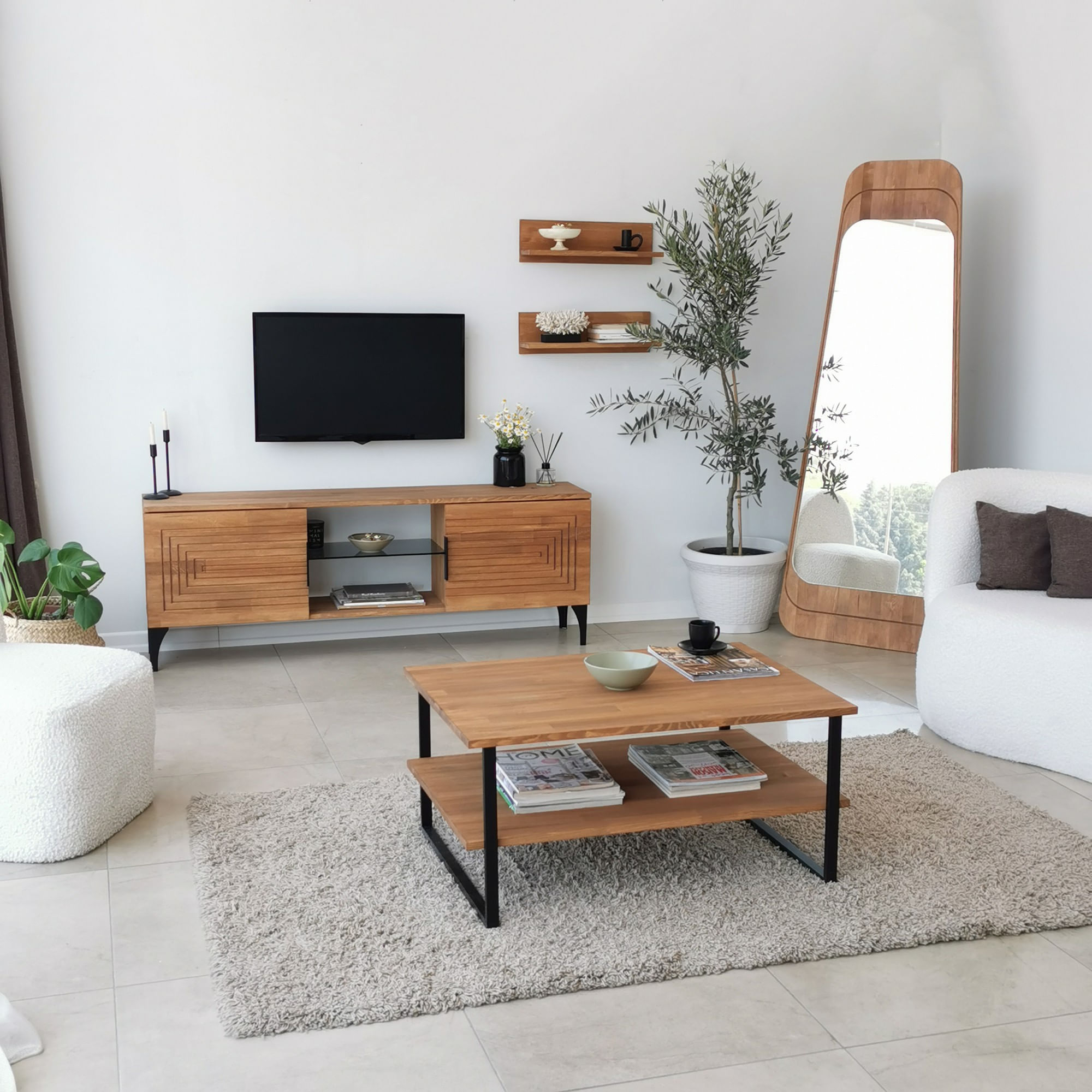 Masuta de cafea, Hanah Home, lemn masiv de pin, stejar, 85x60x40 cm — imaginea 8