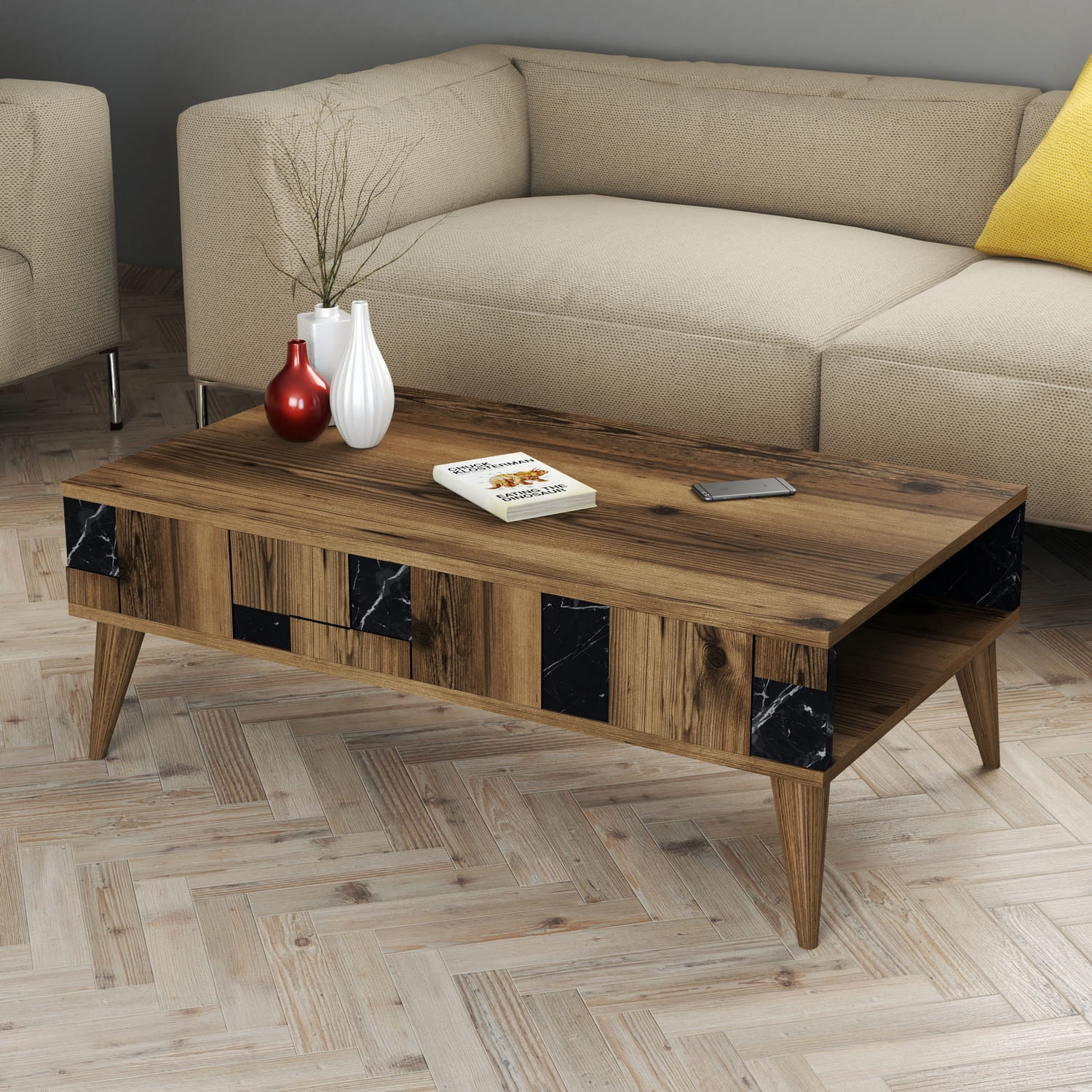 Masuta de cafea, Hanah Home, pal melaminat, nuc si negru, 105x60x37.6 cm — imaginea 2