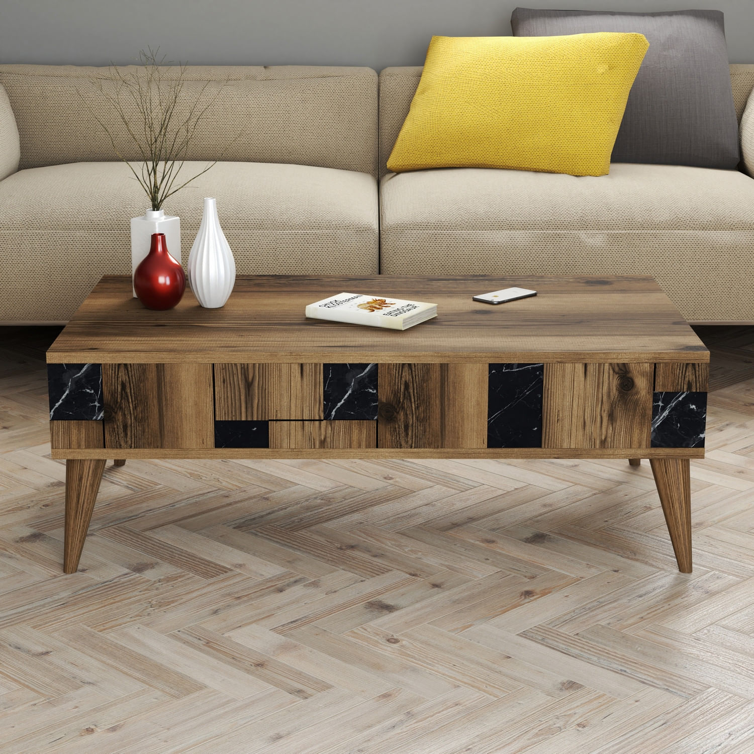 Masuta de cafea, Hanah Home, pal melaminat, nuc si negru, 105x60x37.6 cm — imaginea 3