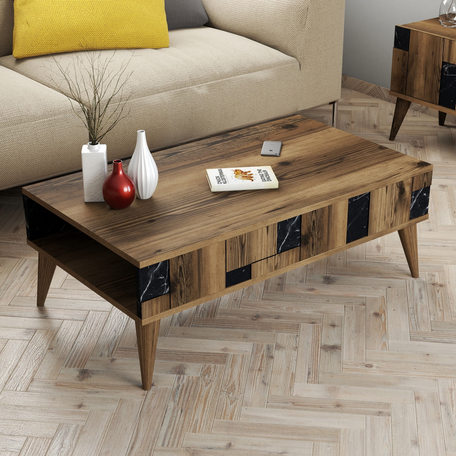 Masuta de cafea, Hanah Home, pal melaminat, nuc si negru, 105x60x37.6 cm — imaginea 5