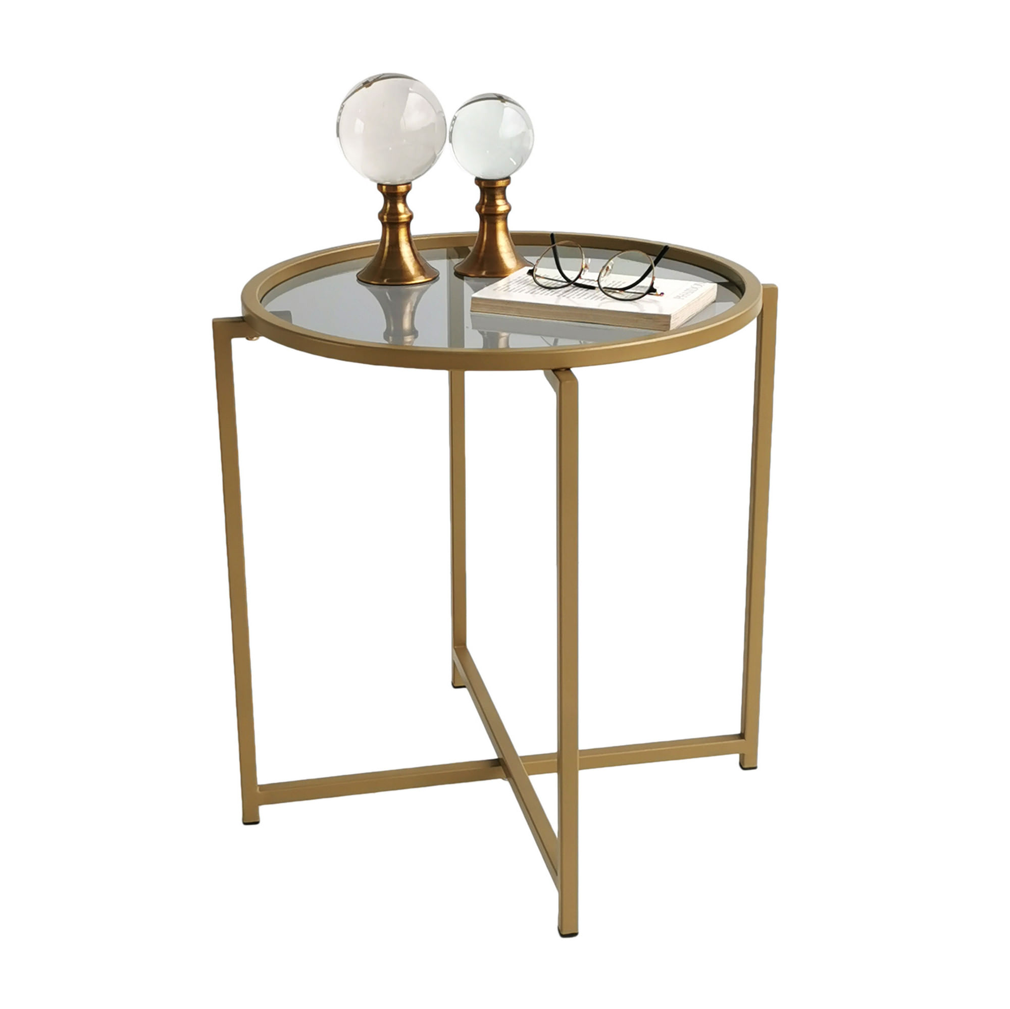 Masuta de cafea, Hanah Home, sticla calita si metal, auriu si fumuriu, 50x50x50 cm — imaginea 5