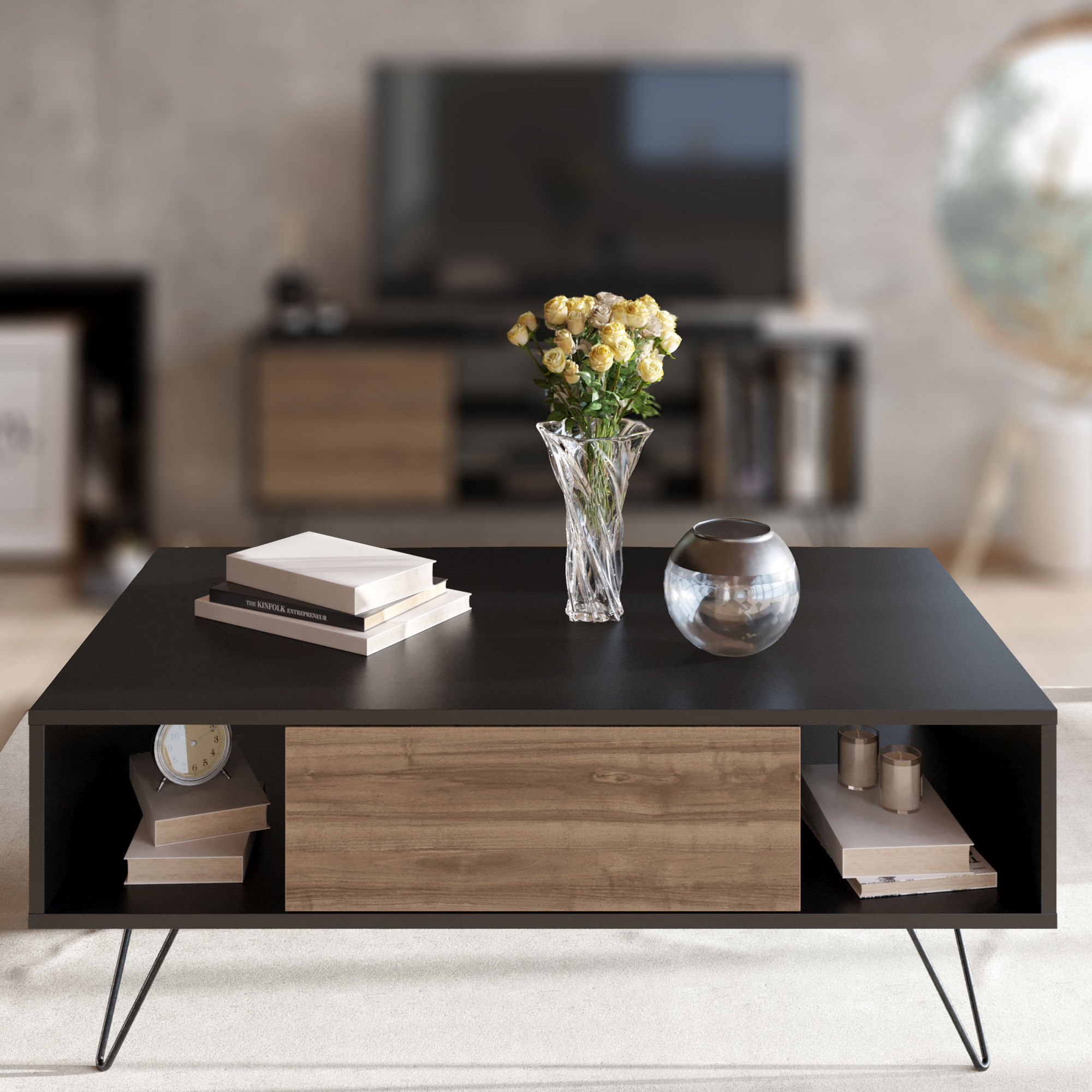 Masuta de cafea, Hanah Home, pal melaminat, negru si nuc, 120x60x45.6 cm