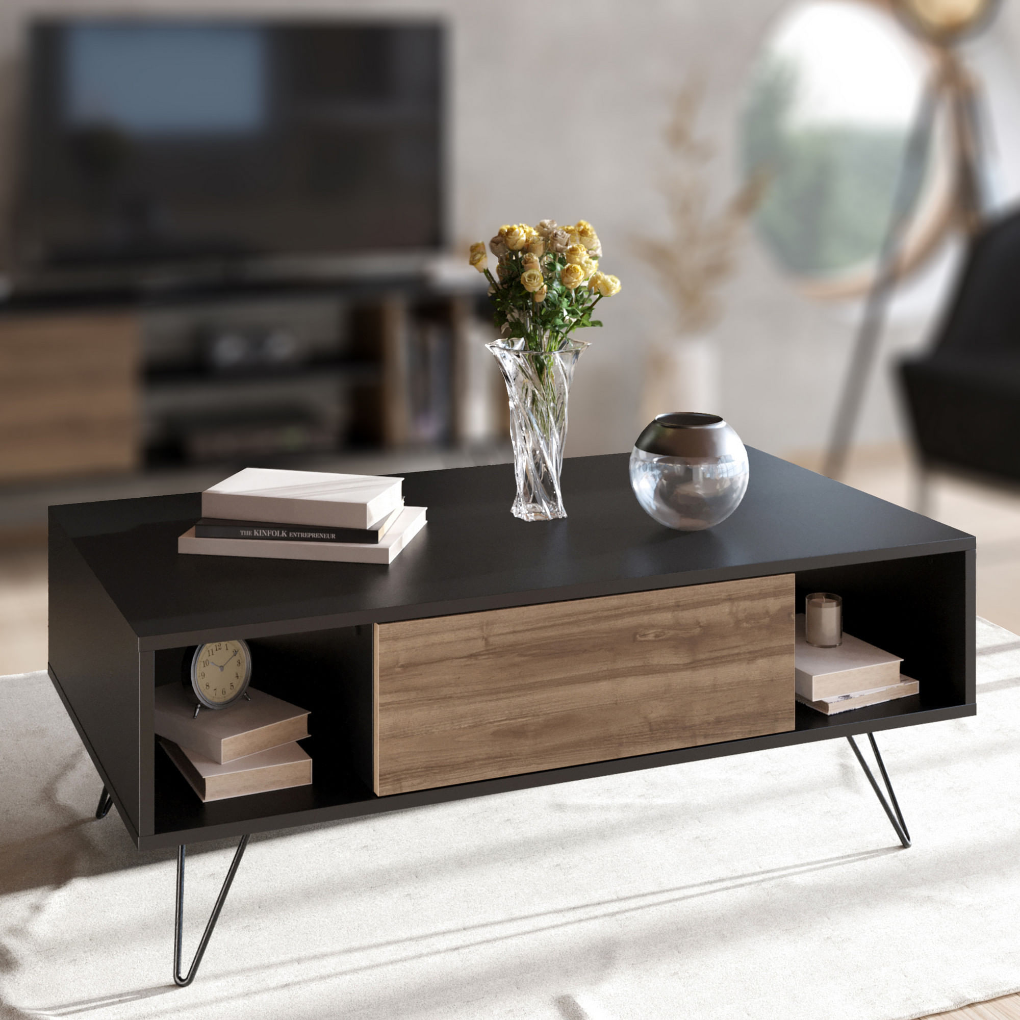 Masuta de cafea, Hanah Home, pal melaminat, negru si nuc, 120x60x45.6 cm — imaginea 4