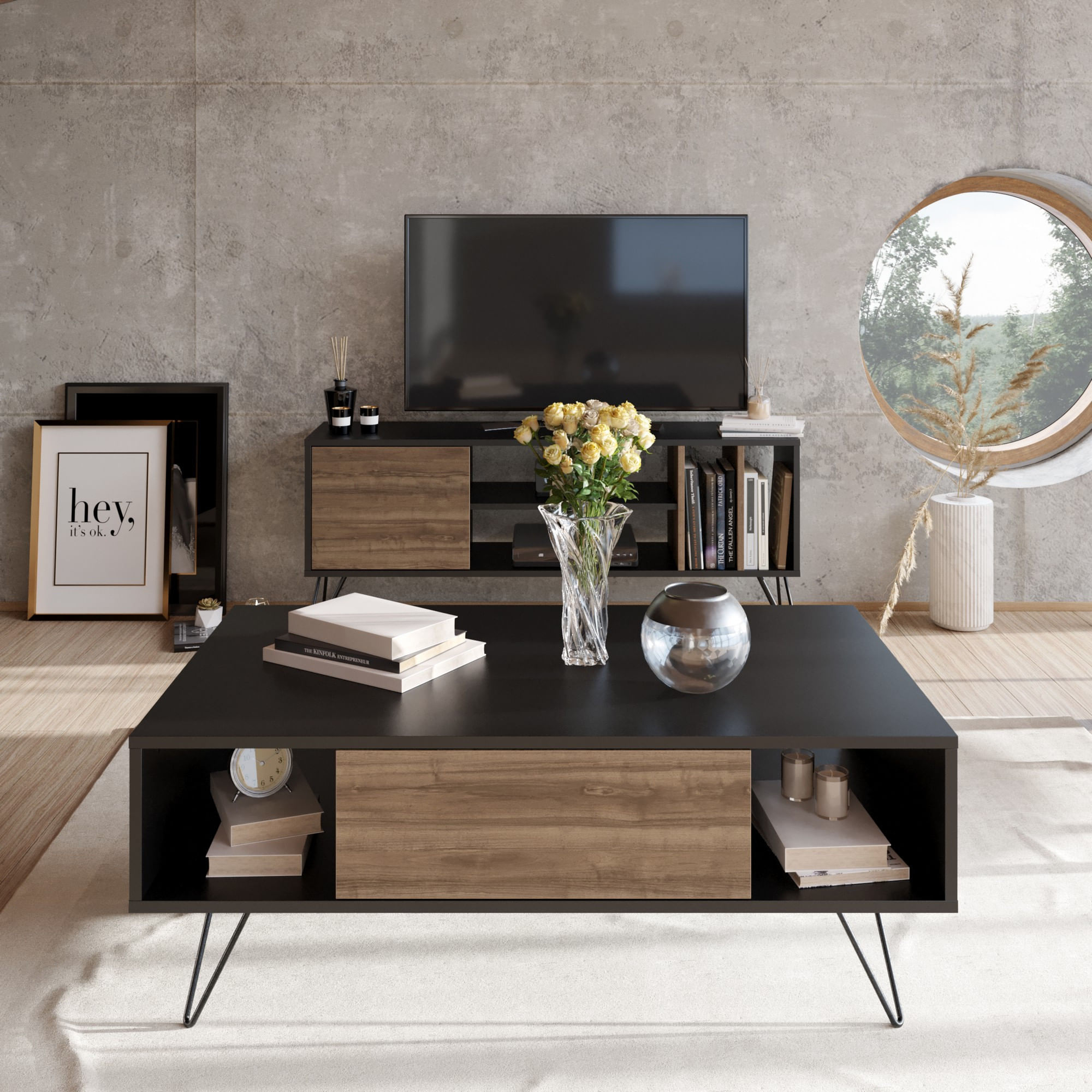 Masuta de cafea, Hanah Home, pal melaminat, negru si nuc, 120x60x45.6 cm — imaginea 6