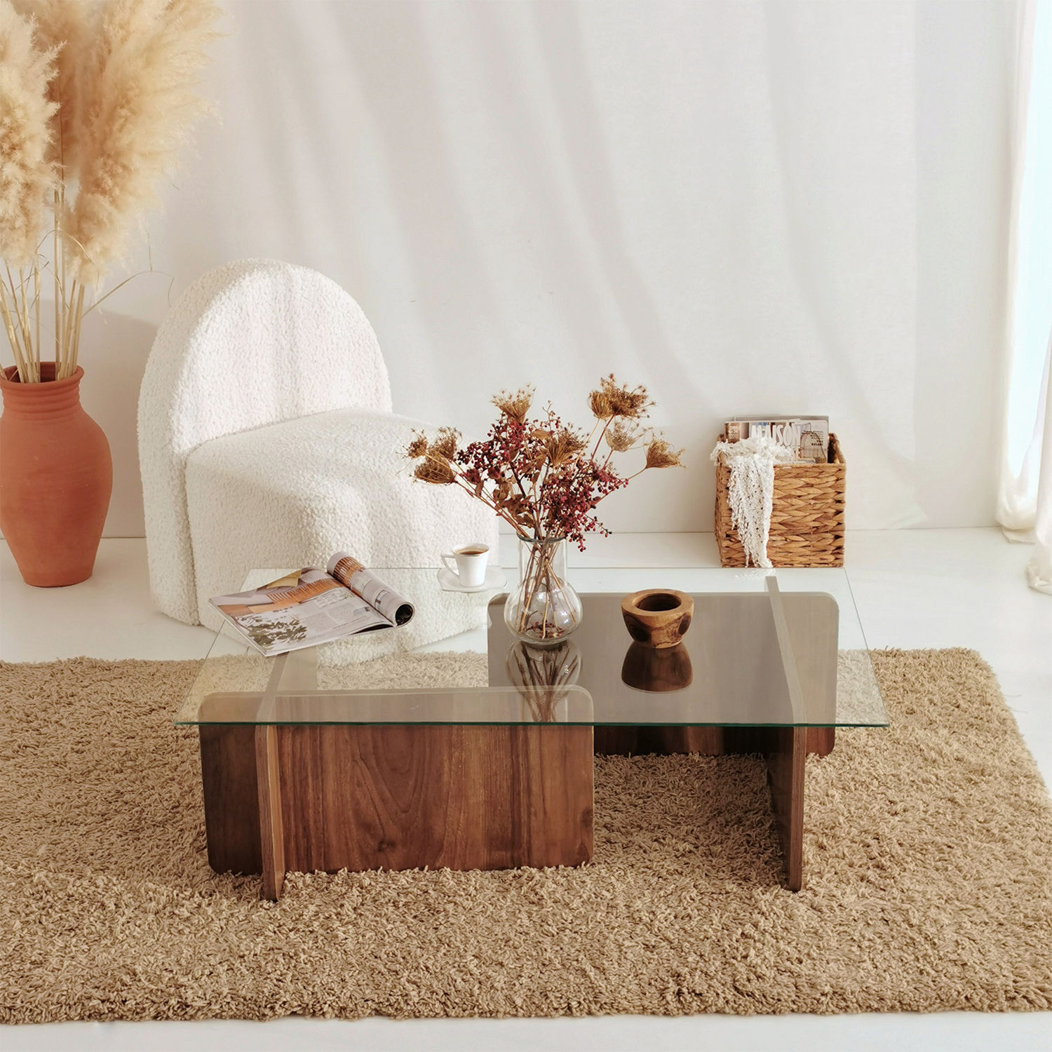 Masuta de cafea, Hanah Home, sticla securizata si pal melaminat, nuc, 105x65x30 cm — imaginea 2