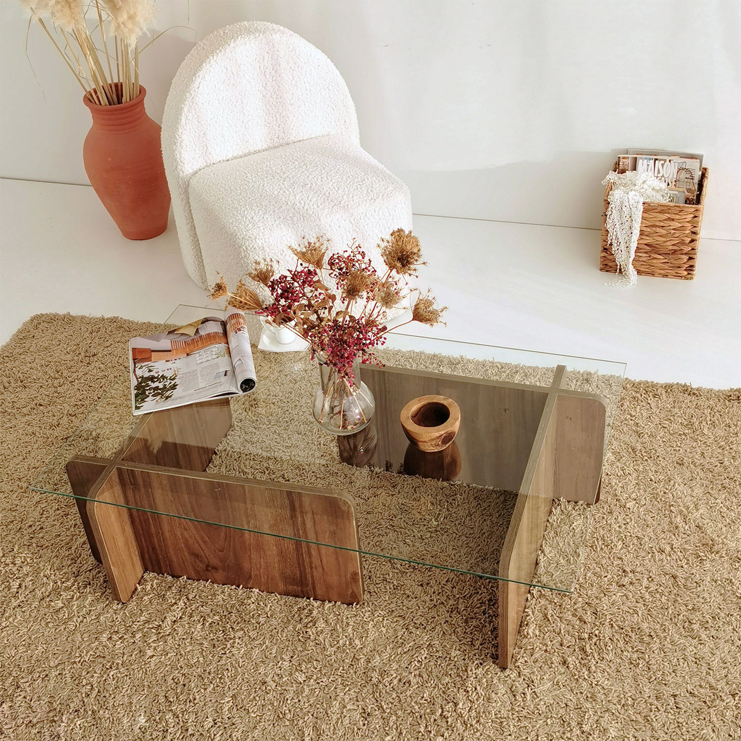Masuta de cafea, Hanah Home, sticla securizata si pal melaminat, nuc, 105x65x30 cm — imaginea 3