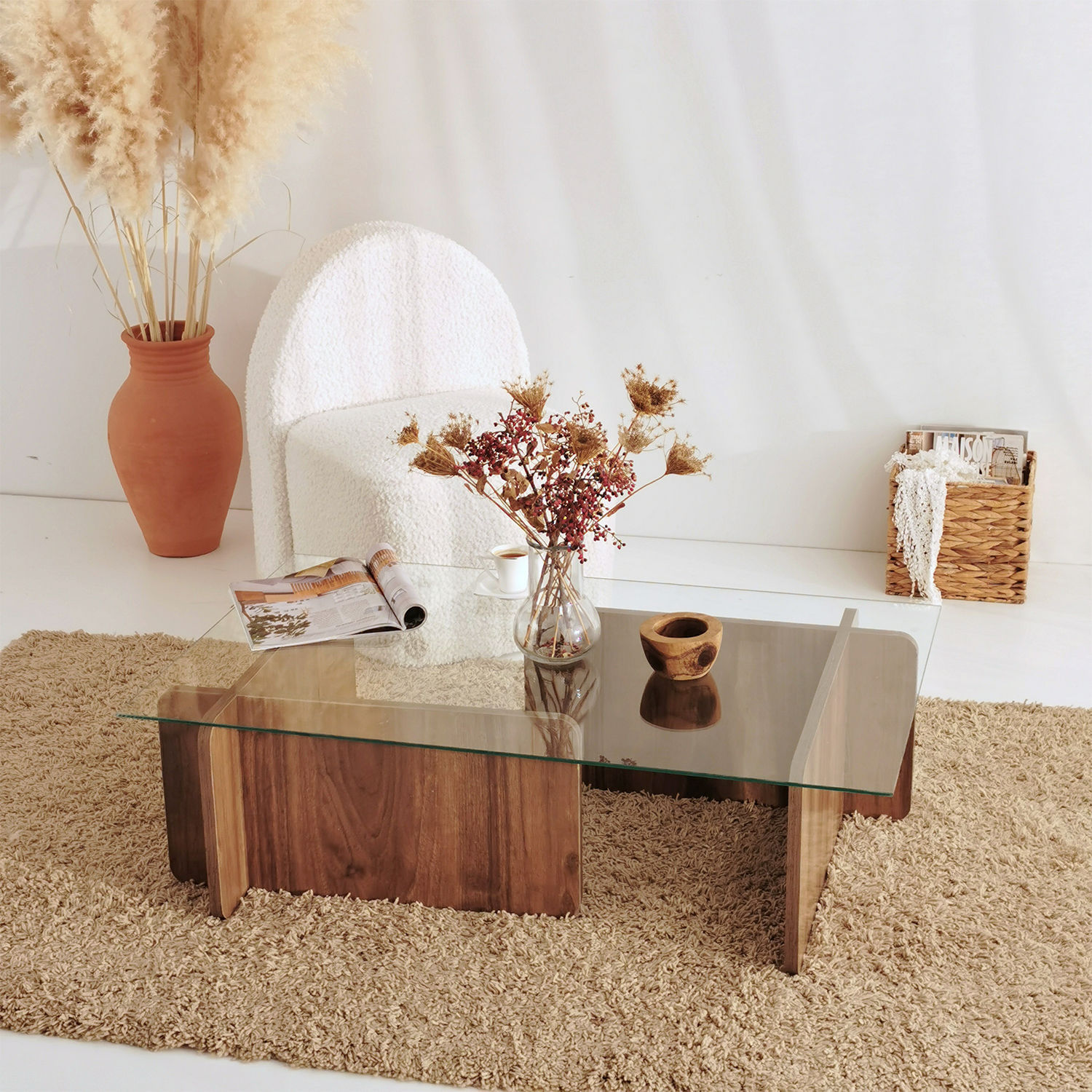 Masuta de cafea, Hanah Home, sticla securizata si pal melaminat, nuc, 105x65x30 cm — imaginea 6