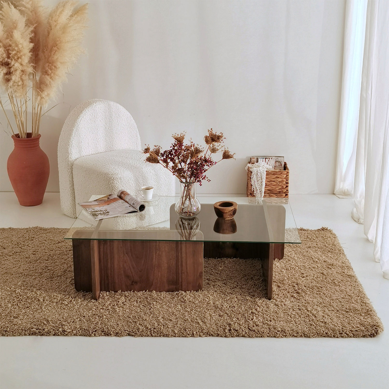 Masuta de cafea, Hanah Home, sticla securizata si pal melaminat, nuc, 105x65x30 cm — imaginea 8