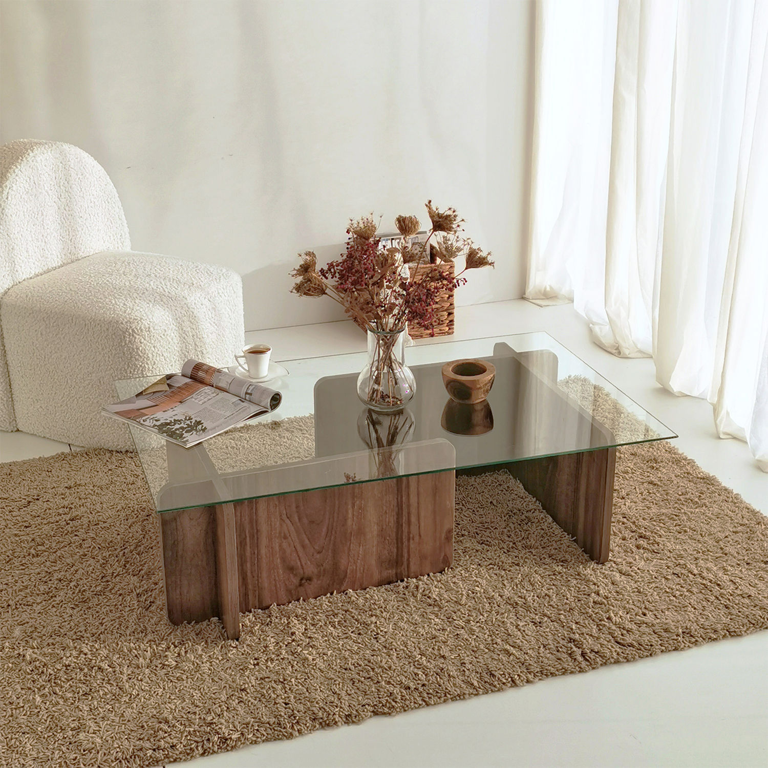 Masuta de cafea, Hanah Home, sticla securizata si pal melaminat, nuc, 105x65x30 cm — imaginea 10